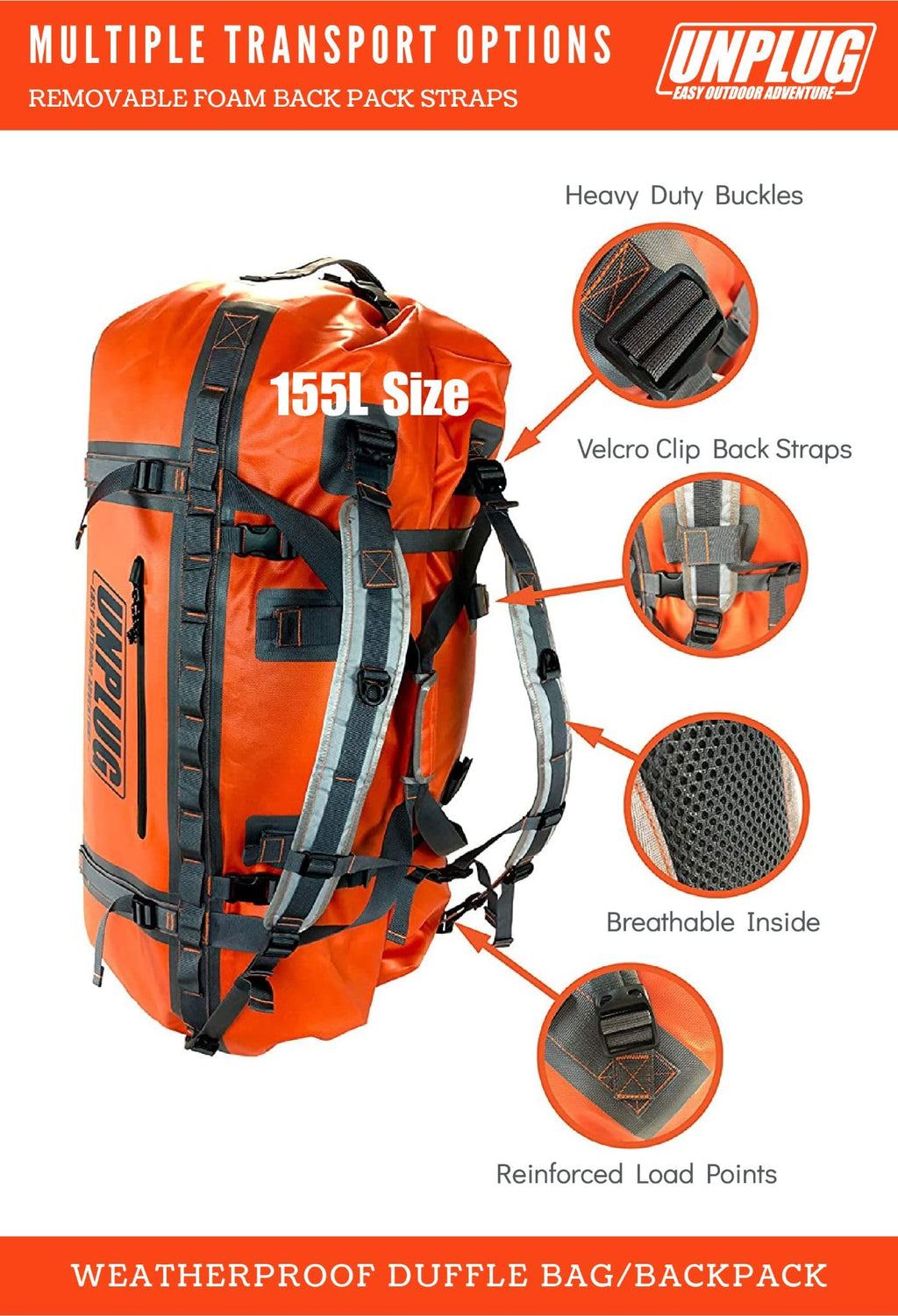 UNPLUG Ultimate Adventure | 1680D Heavy Duty Waterproof Bag | Large Travel Bag which can be Used for Camping, Motorcycling, Boating, or Hunting|155L Adventure Orange