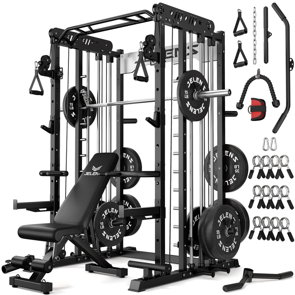 JELENS Smith Machine for Home Gym, Multi-Function M12 Power Cage with Cable Crossover System, Squat Rack with Smith Bar and More Attachment (Black, 370LB Black Weights Package)