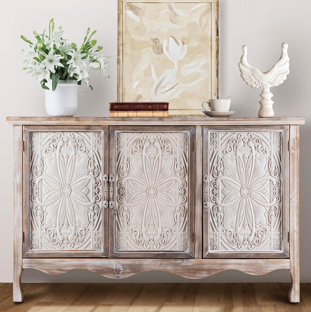 FansaFurn Accent Storage Cabinet with 3 Carved Doors and Shelves, Farmhouse Sideboard Buffet Sideboard with Storage, Wood Kitchen Cabinet for Living Room, Entryway, Dining Room and Kitchen, Wash Grey