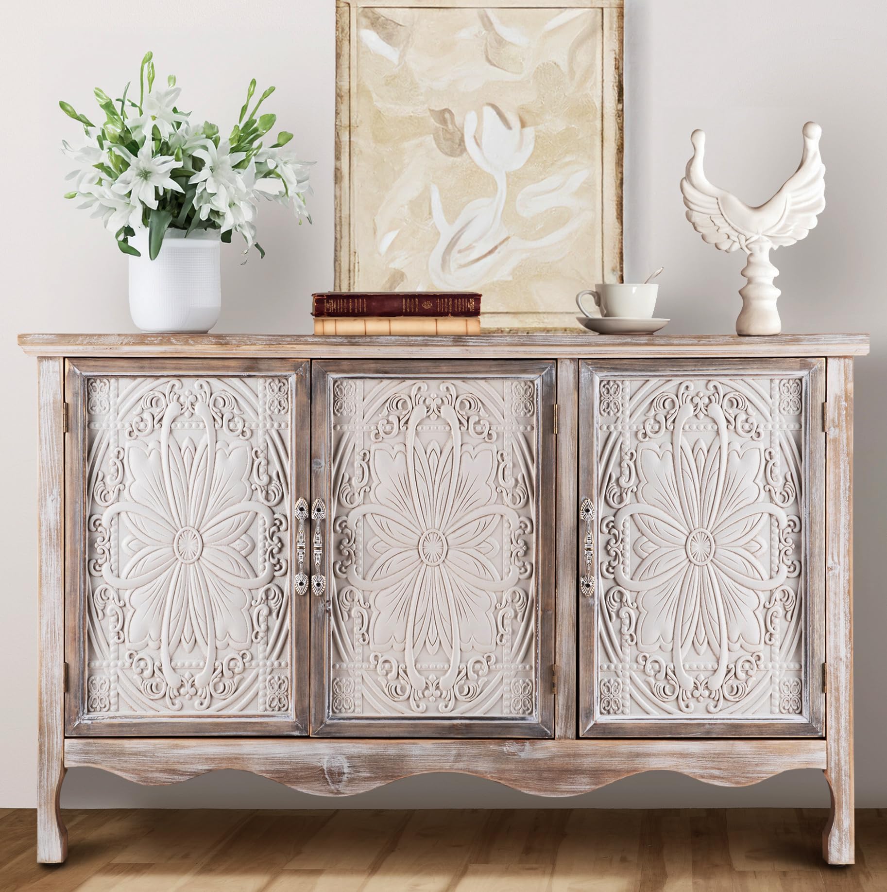FansaFurn Accent Storage Cabinet with 3 Carved Doors and Shelves, Farmhouse Sideboard Buffet Sideboard with Storage, Wood Kitchen Cabinet for Living Room, Entryway, Dining Room and Kitchen, Wash Grey