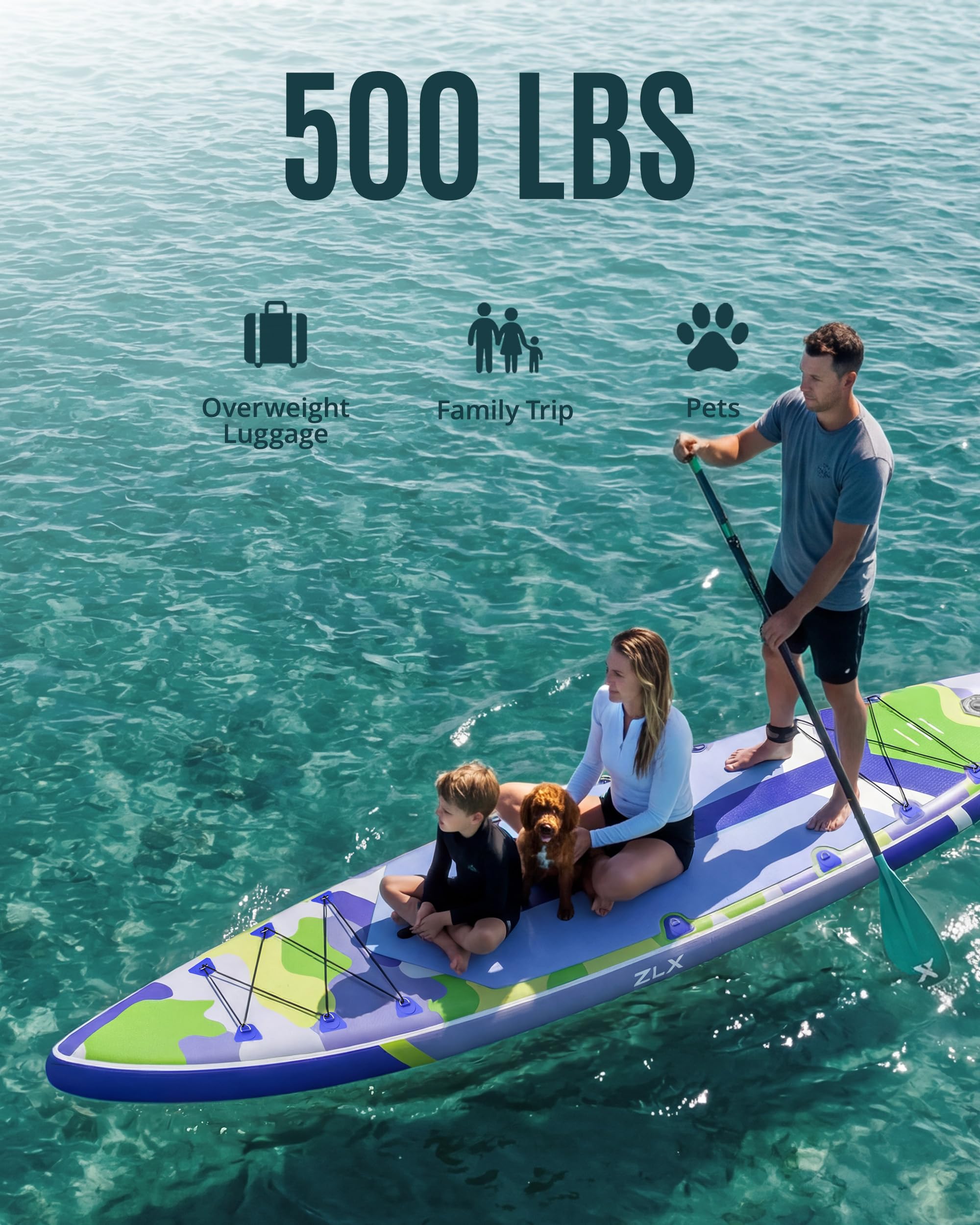 ZLX 11'6" Extra Wide Inflatable Paddle Board, Touring Stand Up Paddleboard, Fast-Tracking SUP for Long-Distance, Stable Center Fin, Portable Backpack & Accessories for Adults, 500lb/3 People/Family