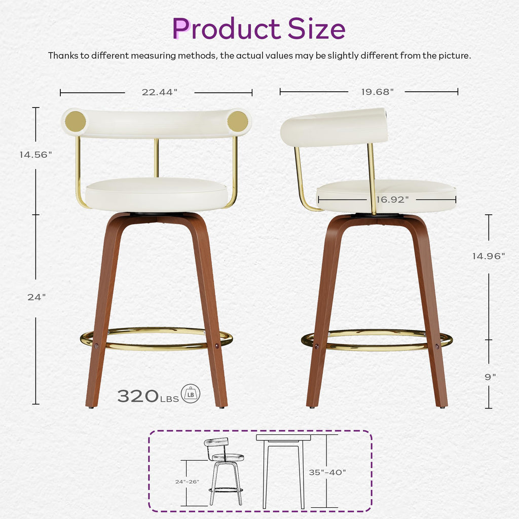 TYBOATLE Swivel Bar Stools Set of 4, Counter Height Bar Stools with Bent Wood Legs and Back, Mid-Century Modern Faux Leather Bar Chairs Island Barstools for Kitchen (4, White)