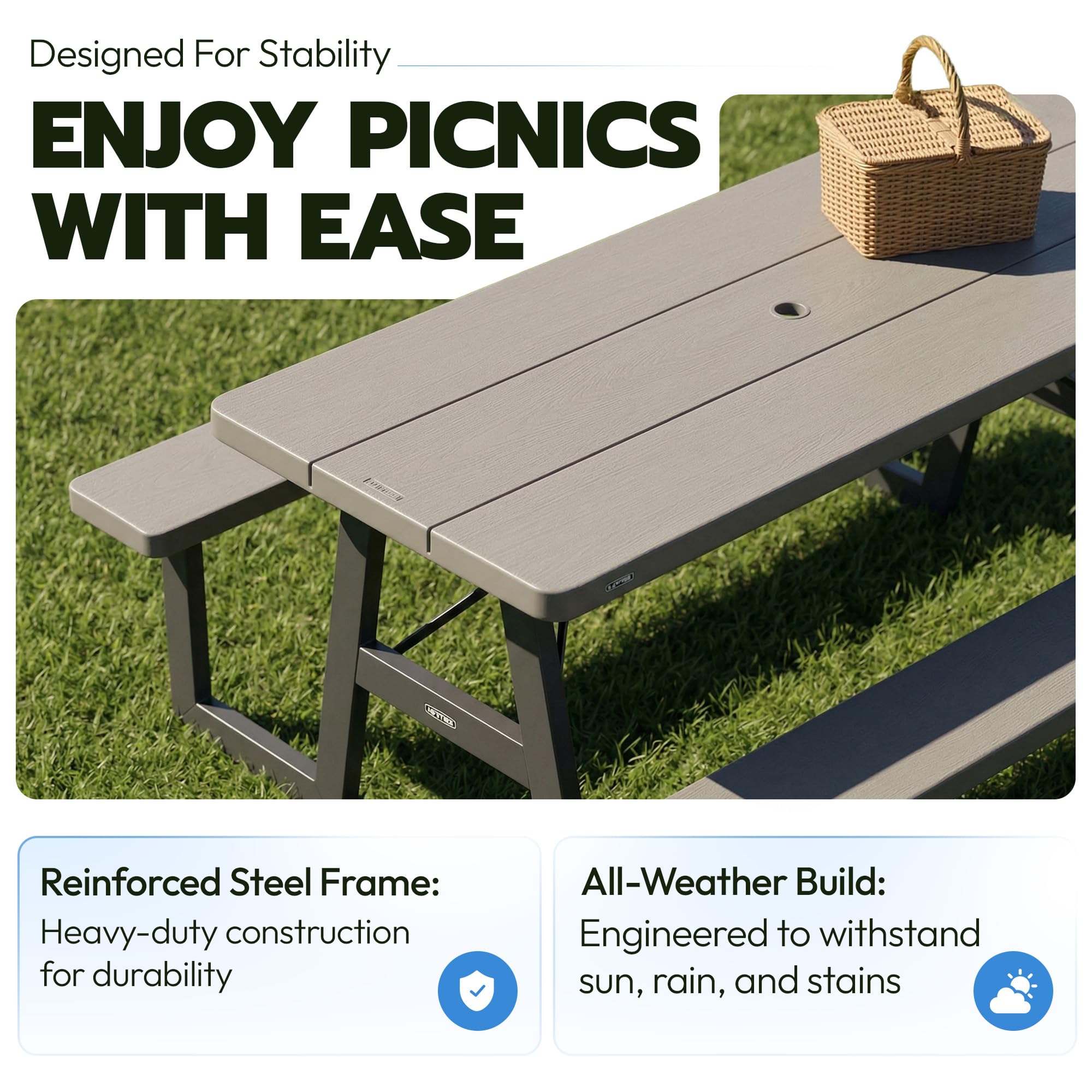 LIFETIME 6-Foot Folding Picnic Table with Benches, Seats 8, Heavy-Duty HDPE Tabletop, Steel Frame, Weather & UV Resistant Outdoor Picnic Table with Umbrella Hole
