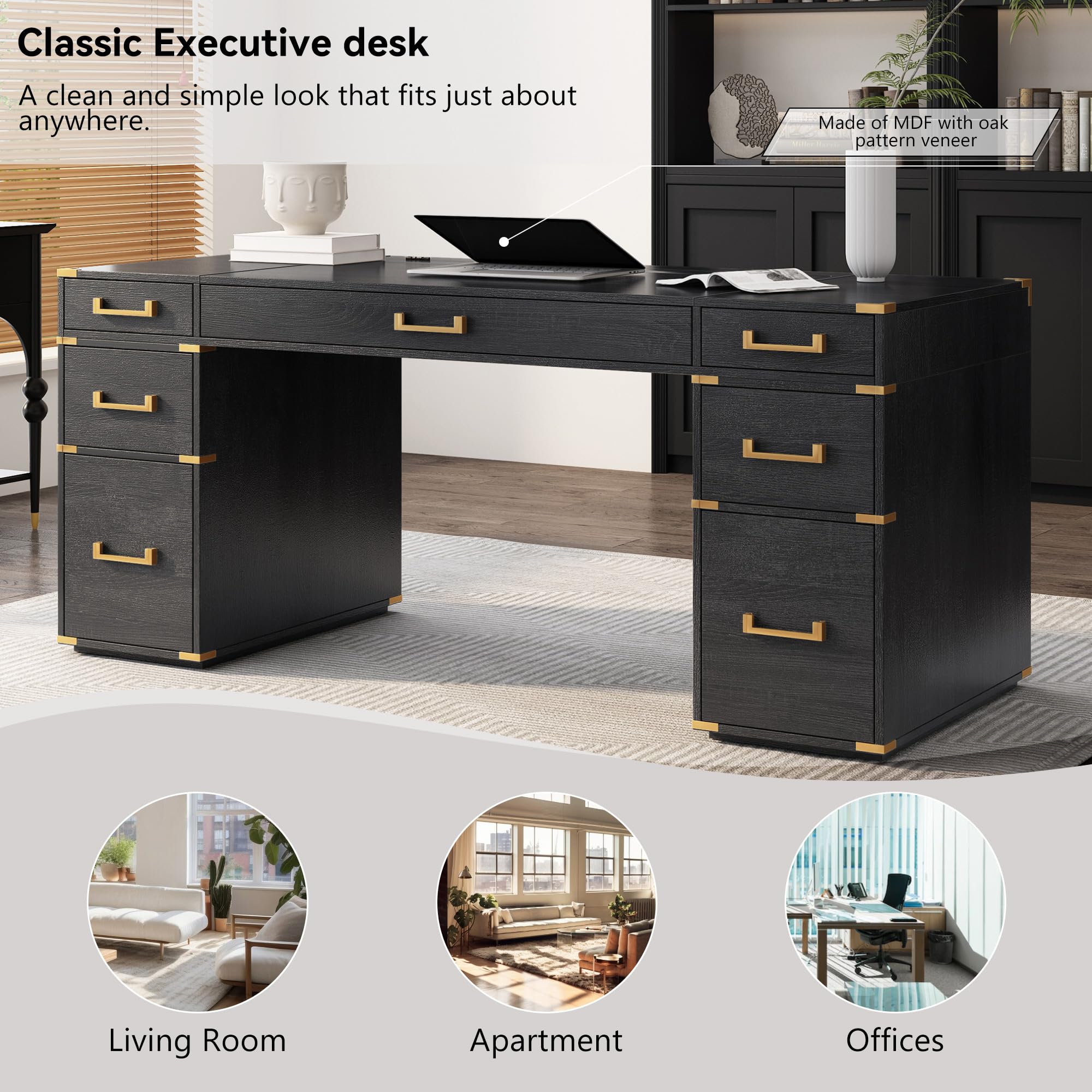 Merax 70" Traditional Executive Desk with Metal Edge Trim, Classic Writing Desk with 2 File Drawers, USB Ports and Outlets, Extra-Large Desk with Hidden Compartment for Home Office, Study Room