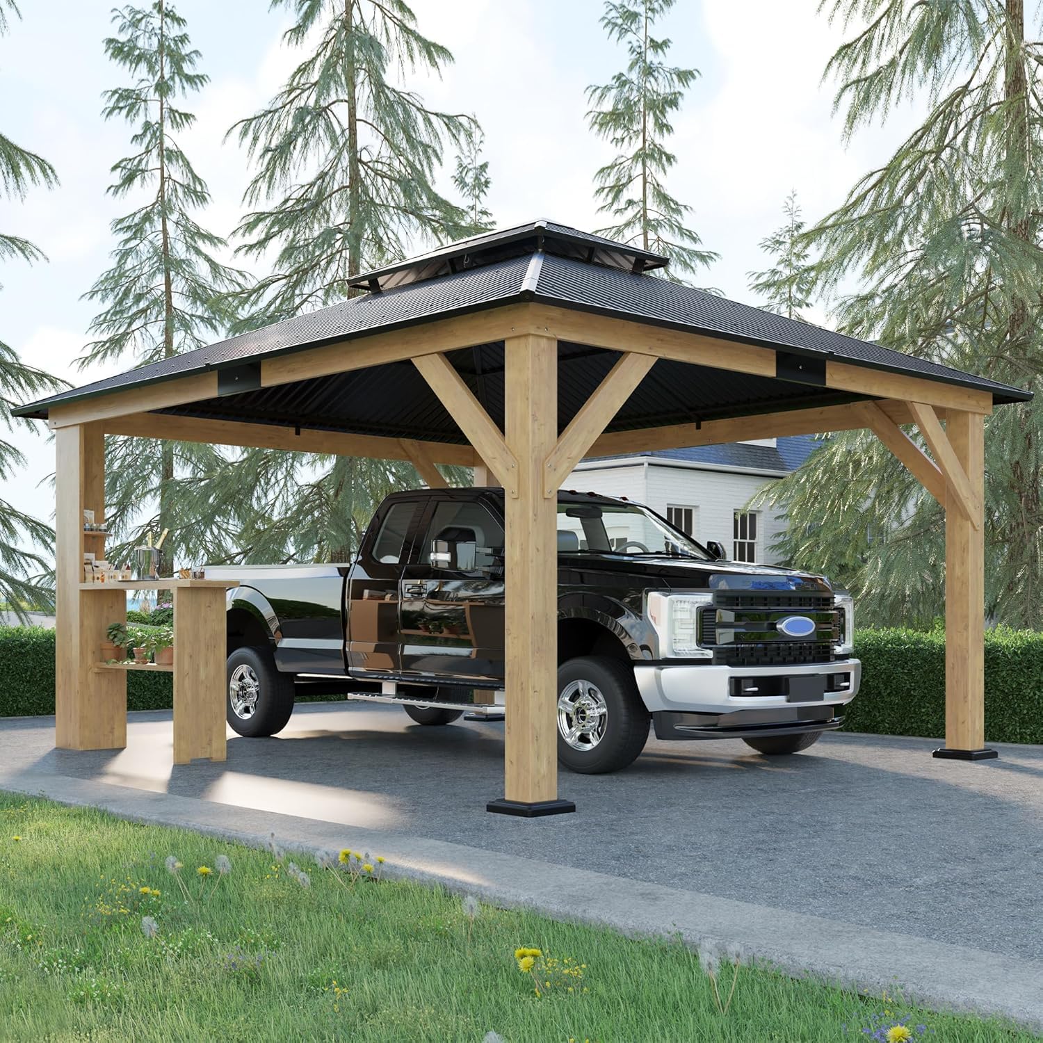 AMERLIFE 13x15 Spruce Wood Hardtop Carport, Outdoor Gazebo with Double Metal Roof & Storage Bar, Paviloin with Wood Frame for Patio, Parties, Garage, Lawns