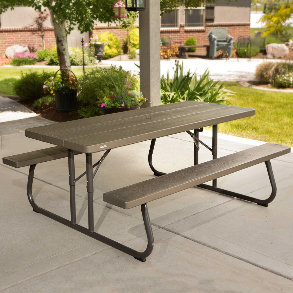 LIFETIME 6‑Foot Classic Folding Picnic Table, UV Protected Tabletop, Steel Frame, Seats 8, Weather & Rust Resistant, Flat Folding Outdoor Picnic Table with Umbrella Hole