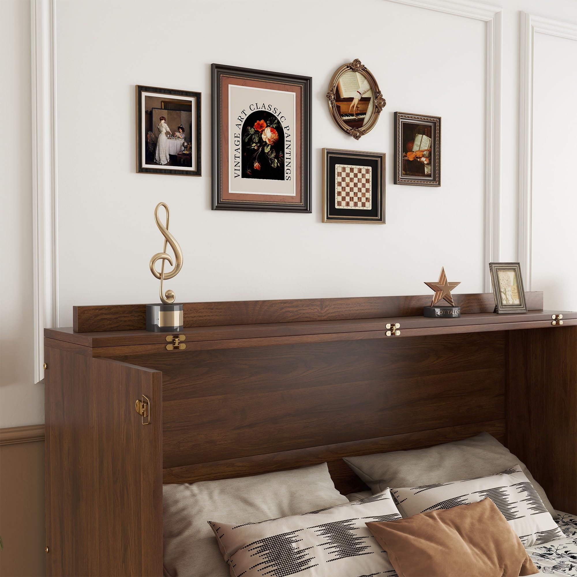 KEIKI Queen Size Murphy Bed Cabinet with Power Station & Large Drawer, Pine Wood Folding Chest Bed with Rattan Panel, Space-Saving Wall Bed, Walnut