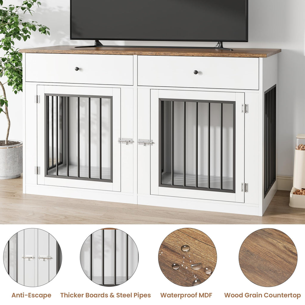 Dog Crate Furniture for 2 Dogs, 60" Farmhouse Dog Kennel Furniture with 2 Large Drawers, Indoor Dog Cage & TV Stand, Wooden Double Dog Crates for Small Medium Dogs, White