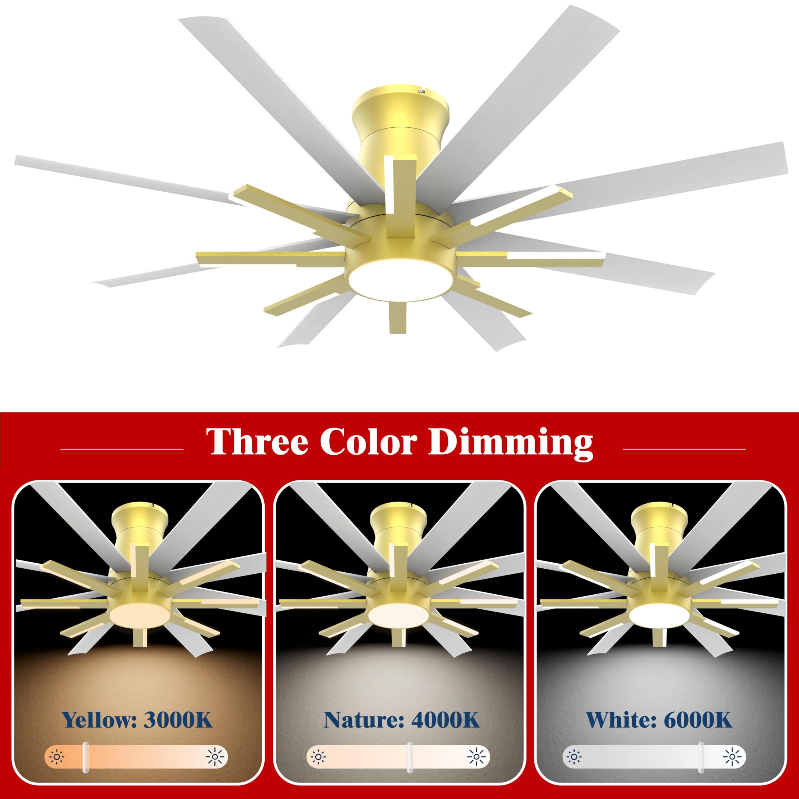 Fande-Aire 60 inch White Ceiling Fans with Lights and Remote, Flush Mount Ceiling Fan for Living Room Bedoom，6 Speed Reversible，8 Blades and 9 Lights，3 CCT，White Gold