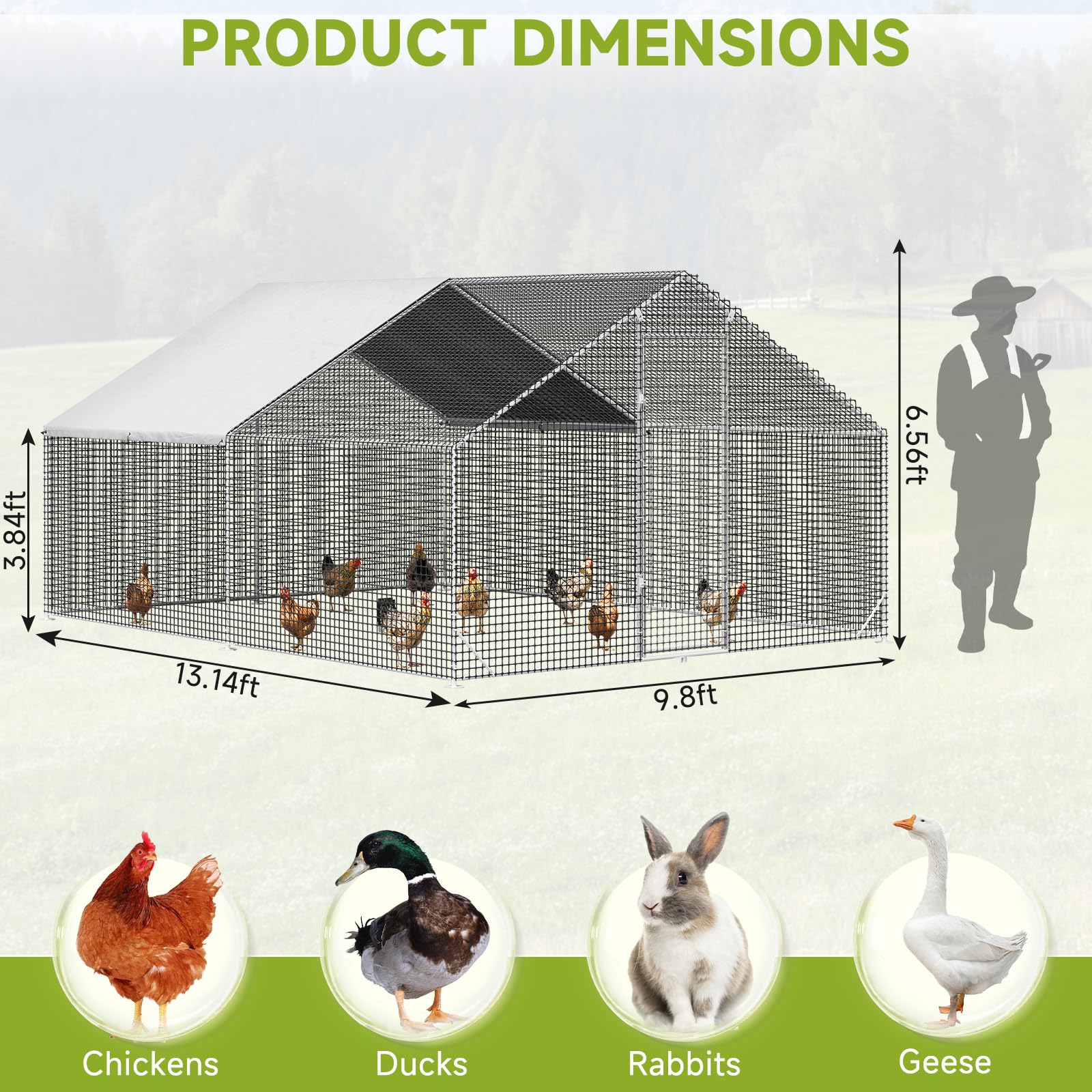 Large Walk-in Chicken Coop with Chicken Run, Galvanized Poultry Enclosure with Waterproof Anti-UV Cover and Security Lock, Ideal for Rabbit, Duck, Backyard and Farm Yard，13.1'x 9.8'x 6.6'