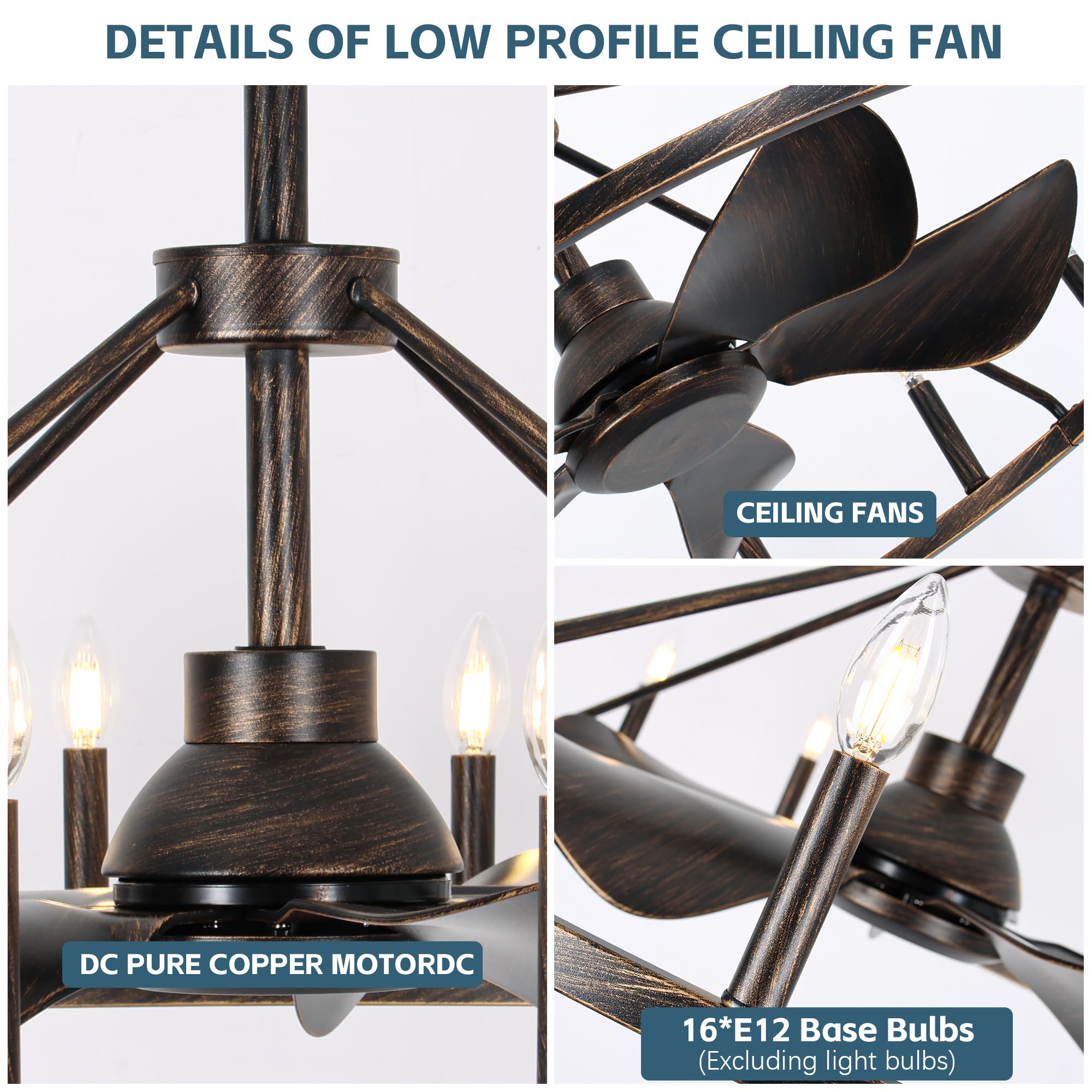 COCOSTAR 44" Antique Bronze Wagon Wheel Chandelier Farmhouse Ceiling Fan with Light and Remote,16-Lights Large Fandelier with Candle,Rustic Big Light Fixture for Living Room Kichen Dining Room