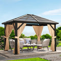 10' x 12' Hardtop Gazebo, Permanent Outdoor Pavilion with Single-Tier Hardtop Roof, Thickened Mosquito Netting, Double Track & Double Zipper Design for Patio, Lawn, Garden, Brown