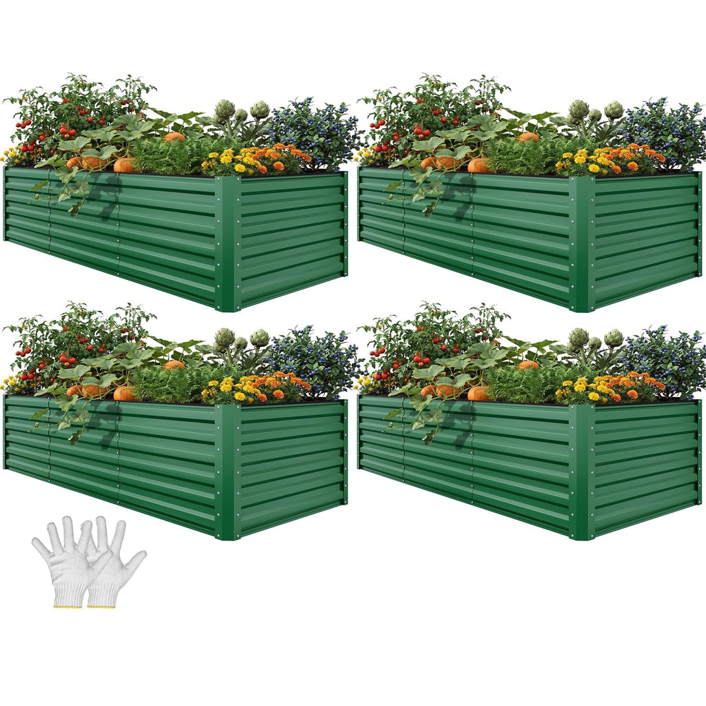 YITAHOME 4pcs 8x4x2 ft Galvanized Raised Garden Bed Kit, Large Metal Planter Box with Gloves, Safety Rubber & Support Rod, Outdoor Flower Bed for Plants Vegetables, Green