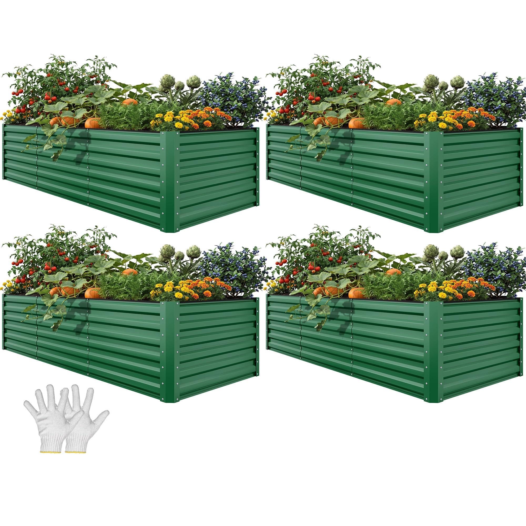 YITAHOME 4pcs 8x4x2 ft Galvanized Raised Garden Bed Kit, Large Metal Planter Box with Gloves, Safety Rubber & Support Rod, Outdoor Flower Bed for Plants Vegetables, Green