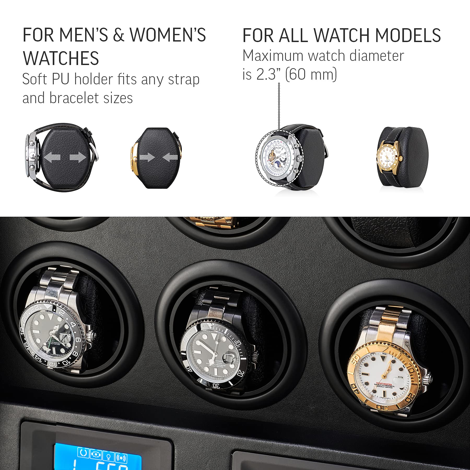 6 Watch Winder with LED Light, LCD Display and Storage Drawer (Carbon)