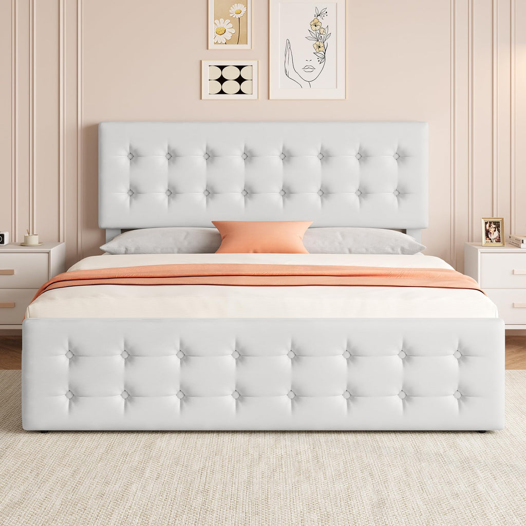 GarveeHome King Size Bed Frame with 4 Storage Drawers and Faux Leather Upholstered Headboard, Wooden Slats Support, Button Tufted Design, No Box Spring Needed, White