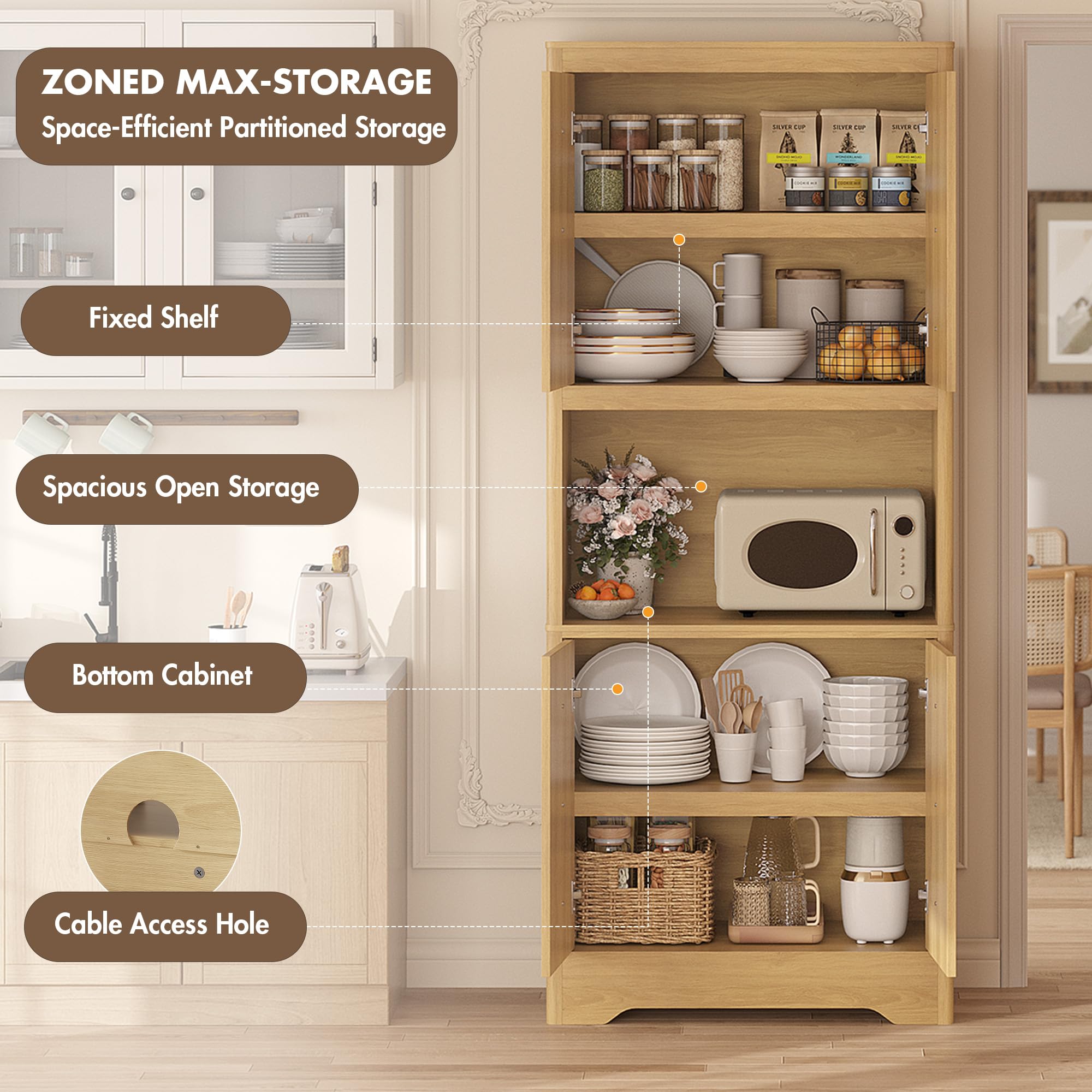 GarveeHome 72" Tall Pantry Cabinet with Carved Door, Kitchen Storage Cabinet with Shelf for Microwave, Freestanding Wooden Cupboard with Crystal Handle, for Dining Living Room, Light Oak