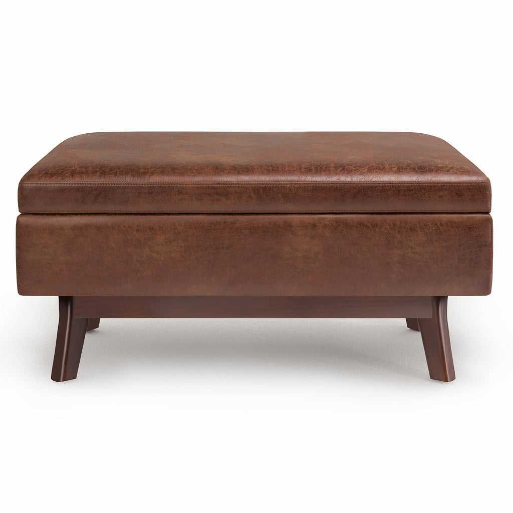 SIMPLIHOME Owen Small Rectangular Storage Ottoman - 36 inch Wide Upholstered Vegan Leather Lift-Top Ottoman in Distressed Saddle Brown, Mid-Century Modern Ottoman for Living Room with Tufted Detail