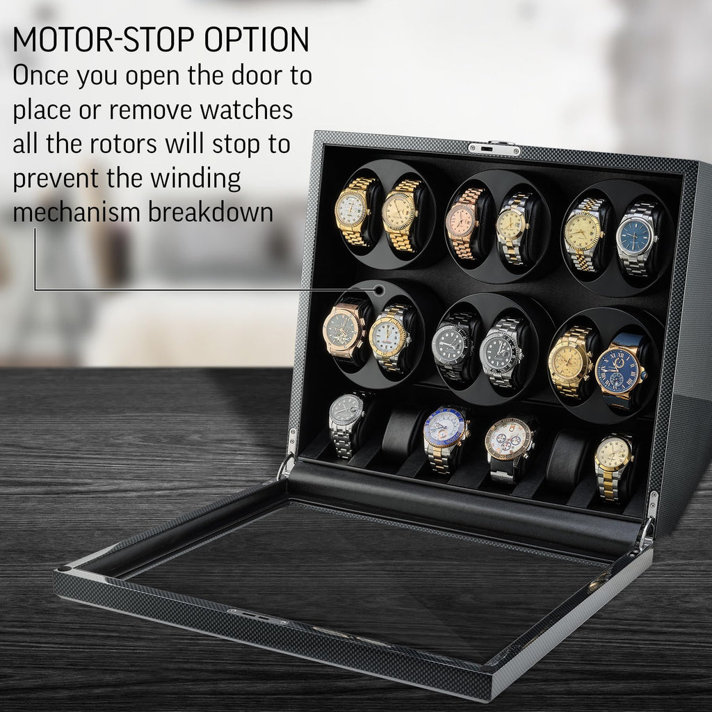 TIMECUBE 12 Watch Winder with 6 Storage Slots, LED Light and Automatic Motor-Stop (Carbon)