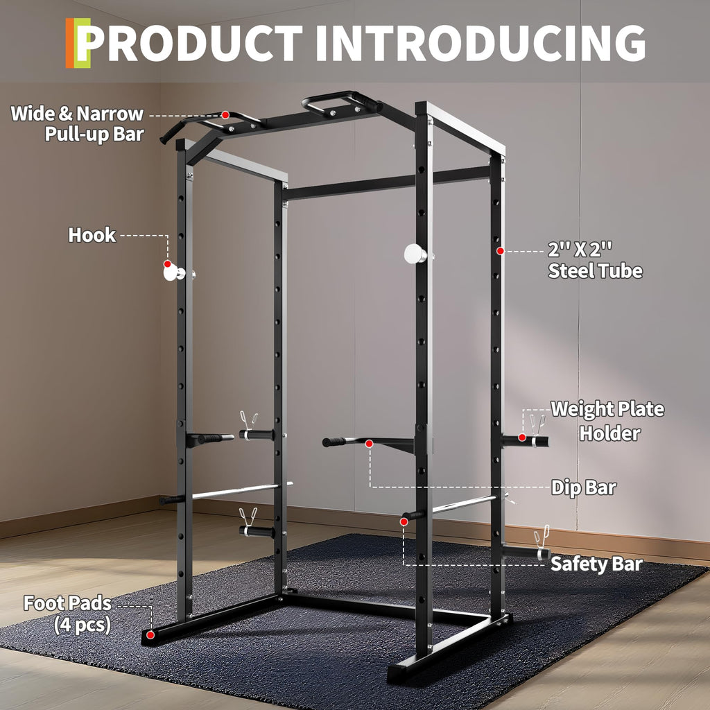 Garvee Power Cage, Squat Rack for Home Gym, 1100LB Capacity Power Rack with Pull-Up Bar, Adjustable Safety Bars, Strength Training for Home Gym, Black