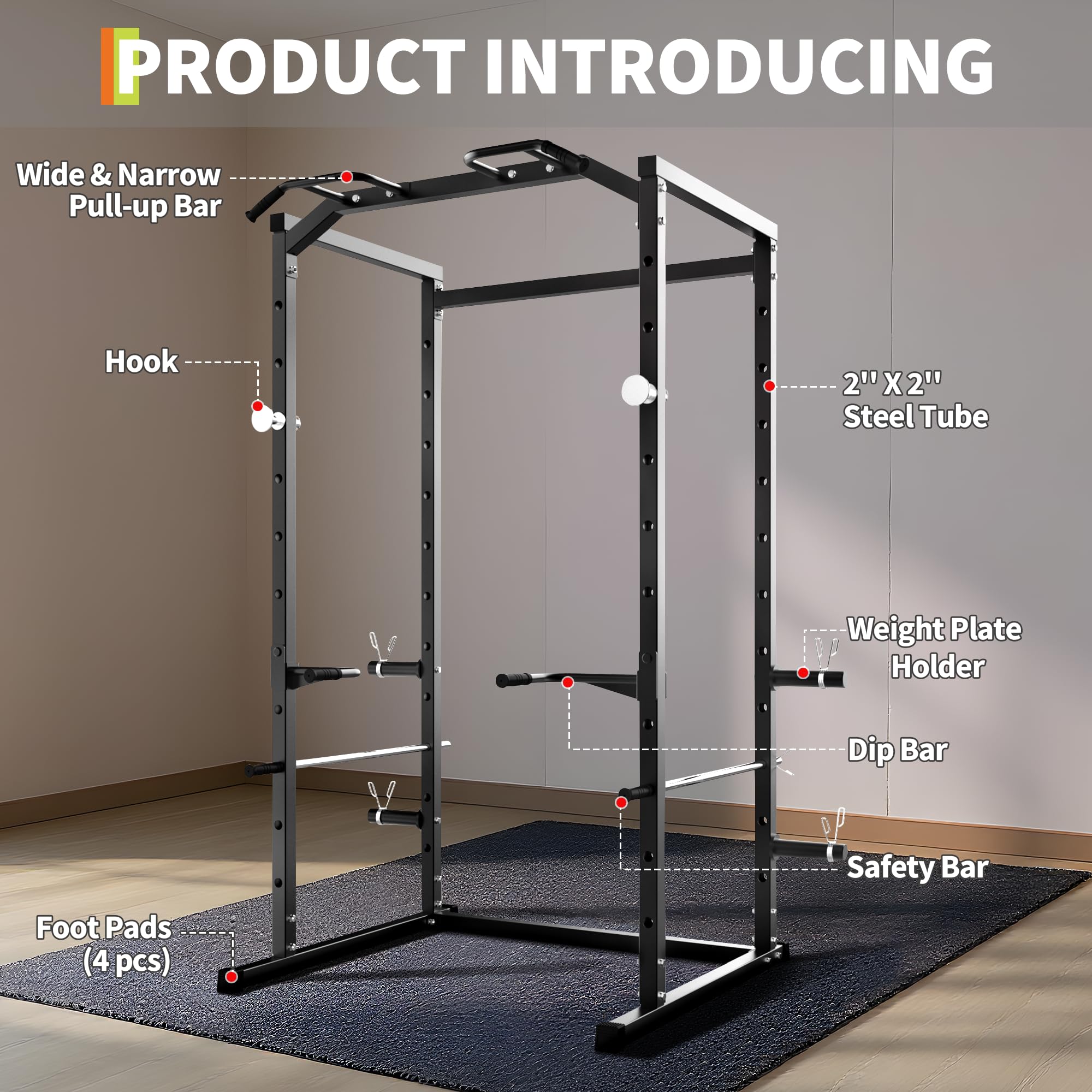 Garvee Power Cage, Squat Rack for Home Gym, 1100LB Capacity Power Rack with Pull-Up Bar, Adjustable Safety Bars, Strength Training for Home Gym, Black