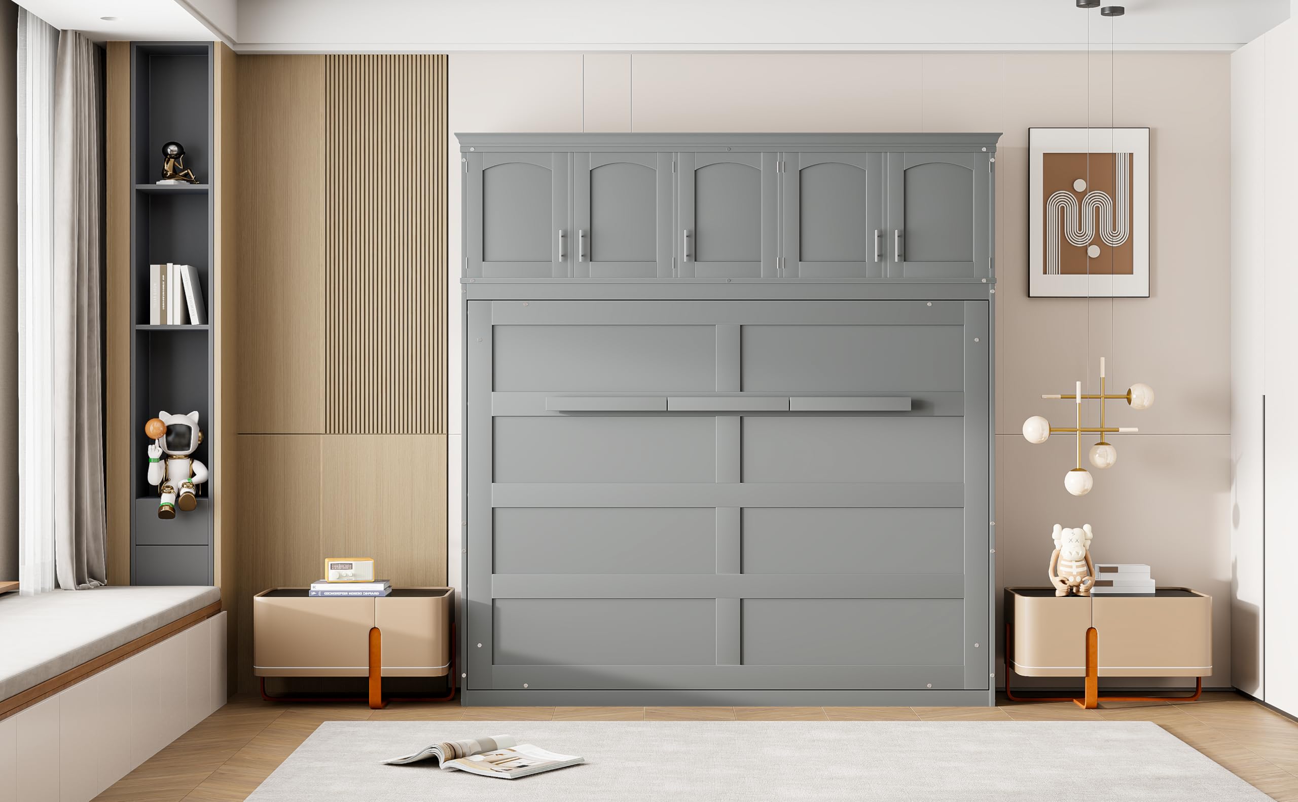 Favfurish Full Size Murphy Bed Wall Bed with Top Cabinets,Hidden Platform Bed Chest W/Wood Slats Support,Space-Saving,Easy Assembly,for Bedroom,Guest Room,Home,Office,Gray