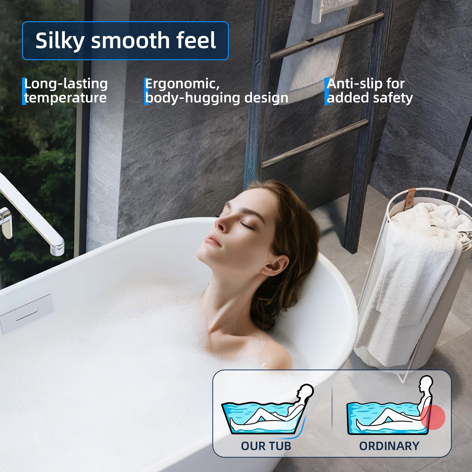 59" Free Standing Tub, Acrylic Soaking Bathtub, Stand Alone Freestanding Tub with Matte Sliver Drain and Overflow, Contemporary Bathtub for Bathroom, Burnish White
