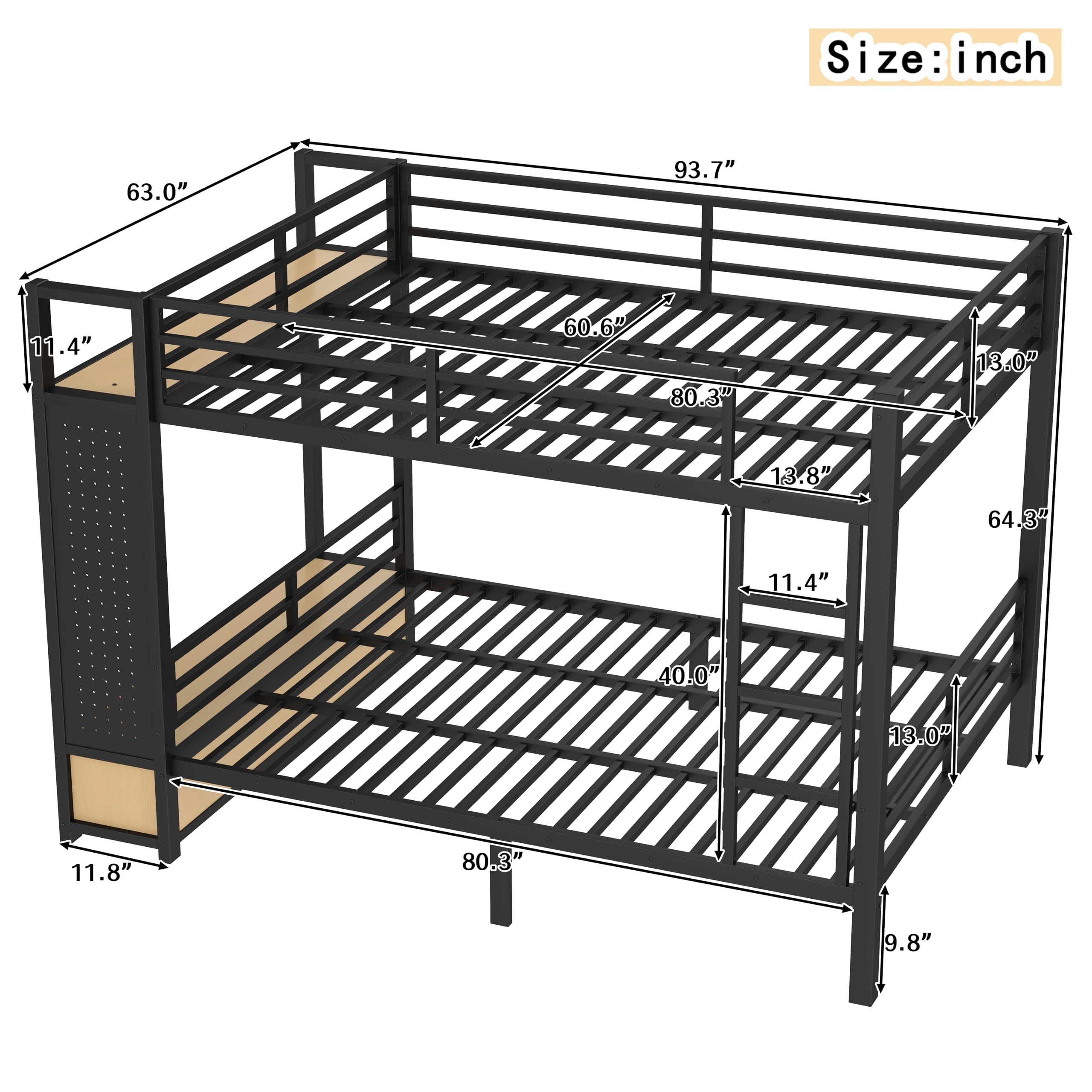 Bellemave Queen Over Queen Metal Bunk Bed with Storage Drawers and Shelves, Heavy Duty Bunk Beds with Pegboard and Coat Rack for Kids, Adults,Black