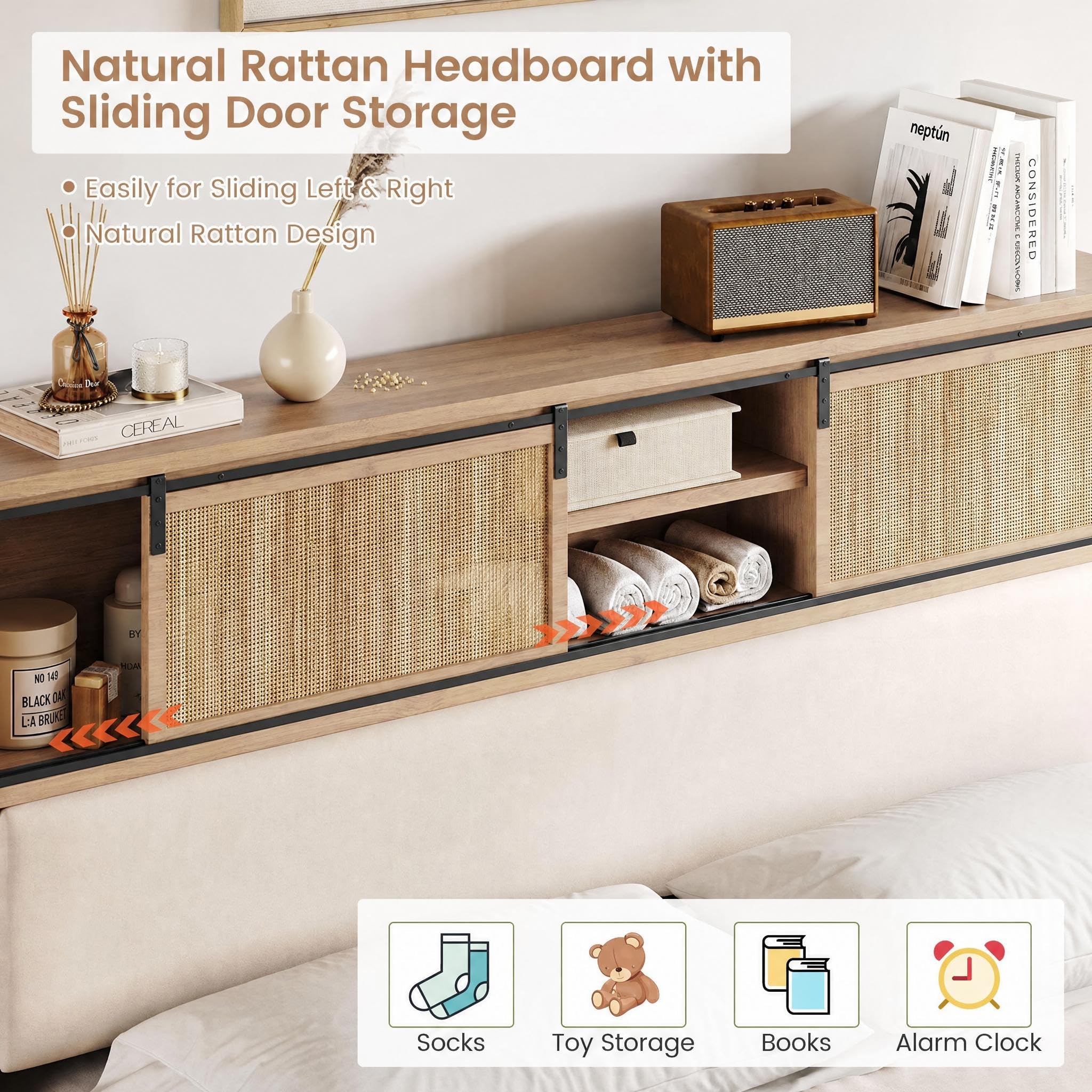 GarveeHome Queen Size Solid Wood Bed Frame with Storage Headboard, Rattan Upholstered Bookcase Headboard with Sliding Doors & Charging Station, No Bos Spring Needed