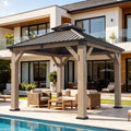 Aoxun 10' x 10' Outdoor Wood Gazebo, Hardtop Gazebo Permanent Wooden Pavilion with Galvanized Steel Double Roof, for Backyard, Garden, Deck, Cedar Wood, Grey