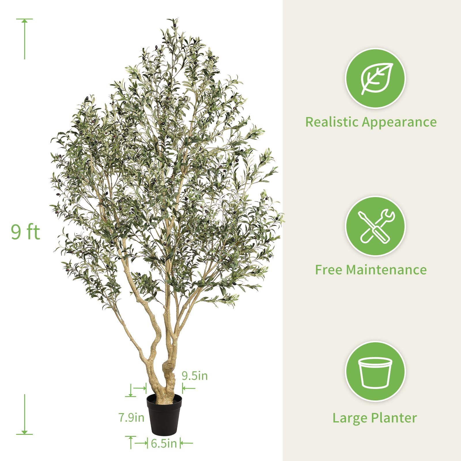 Realead Artificial Olive Tree 9ft - Large Faux Olive Tree with Realistic Leaves and Olives - Full and Grand Design Fake Olive Tree with Sturdy Base for Indoor Home Office Decor