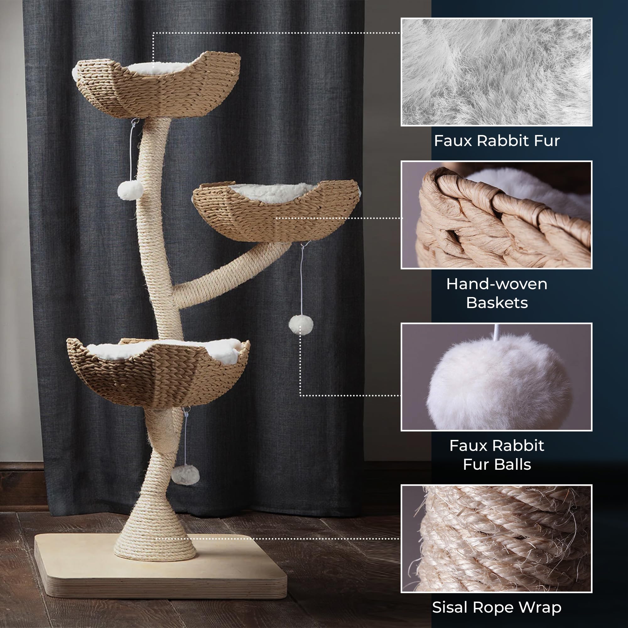 Habitat Haven The Sanctuary Cat Tree - Luxury Cat Condo, Large Modern Indoor Tower with 3 Faux Fur Beds, Scratching Posts, and Toys for Cats, 23-Inch Width x 23-Inch Depth x 52-Inch Height
