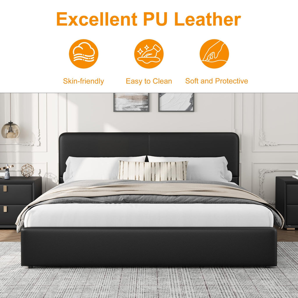 GarveeHome Modern Upholstered Platform Bed Frame with Headboard and Storage Drawers – PU Black Faux Leather, Sturdy Wooden Slat Support, Noise-Free, No Box Spring Needed, Easy Assembly – King Size, PU