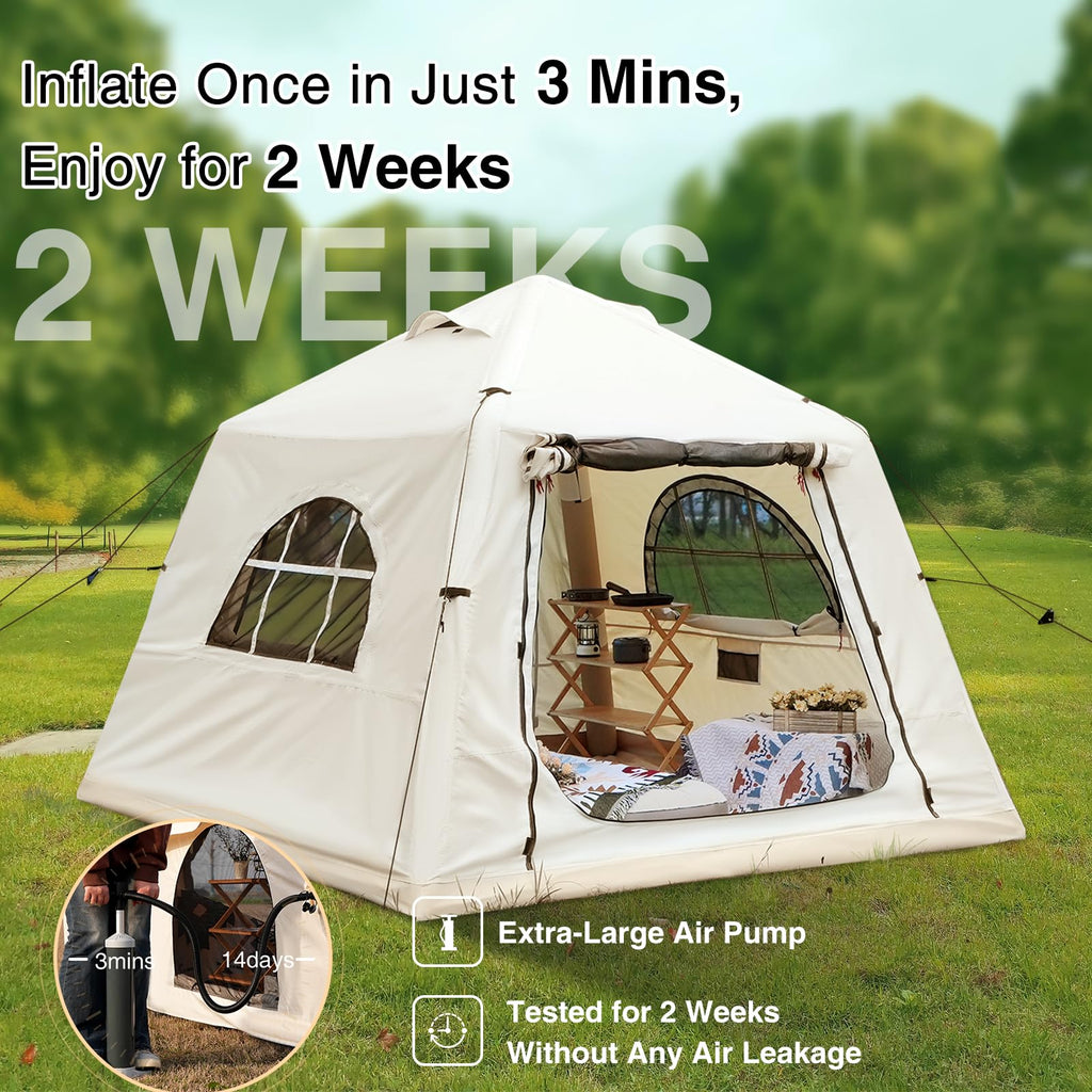 KNUO Inflatable Tent for Winter Camping 7.8x7.8ft Blow Up Air Tents, No Assembly Needed Luxury Glamping Tent for 1/2/3 People, Waterproof Oxford, Beige