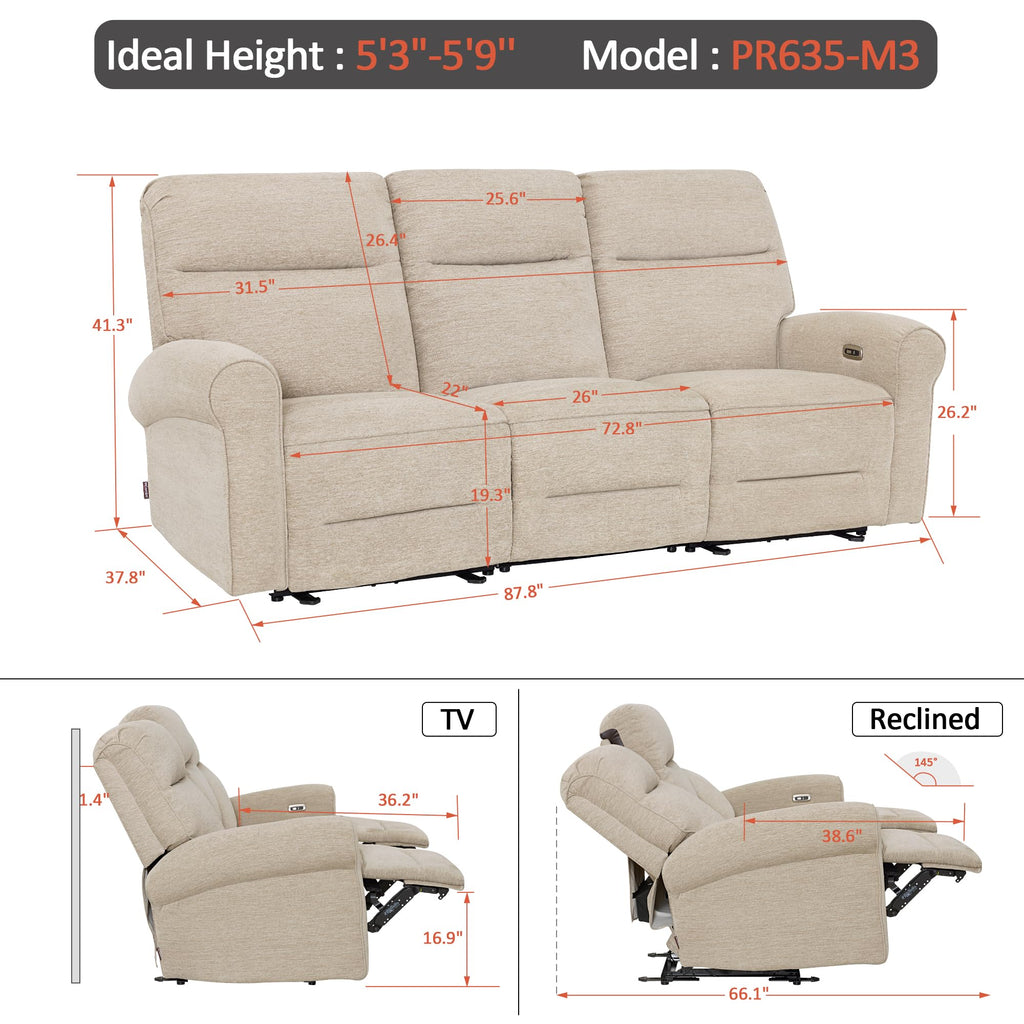 MCombo 87.8" Wall Hugger Power Reclining Sofa with Drop Down Table, 3-Seater Recliner Couch for Small Spaces Living Room RV, USB Ports, Fabric PR635M3 (Beige)