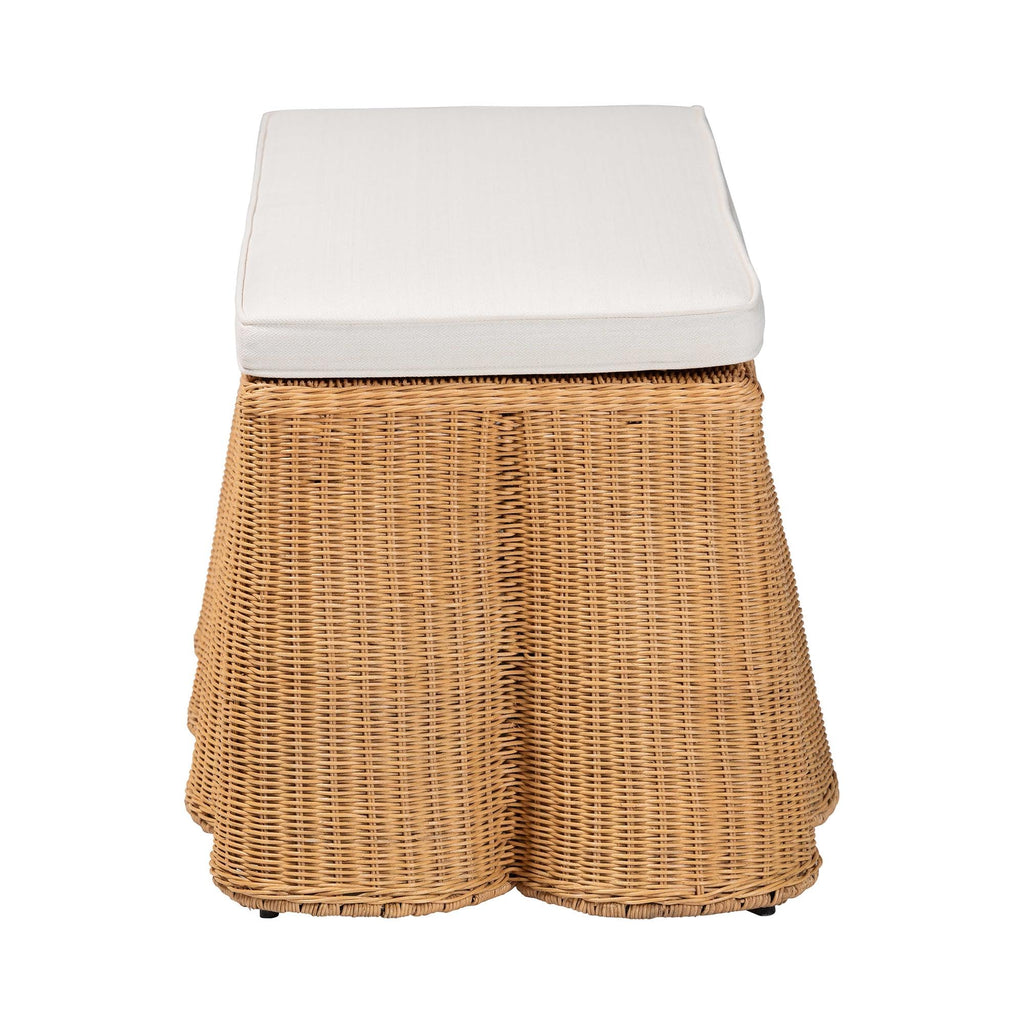 Bali & pari Palm Scallop Natural Rattan Ottoman with Cushion – Handwoven Wicker Accent Bench for Living Room, Bedroom or Entryway, Coastal Boho Style Accent Furniture, 46-inch Wide, Rectangular