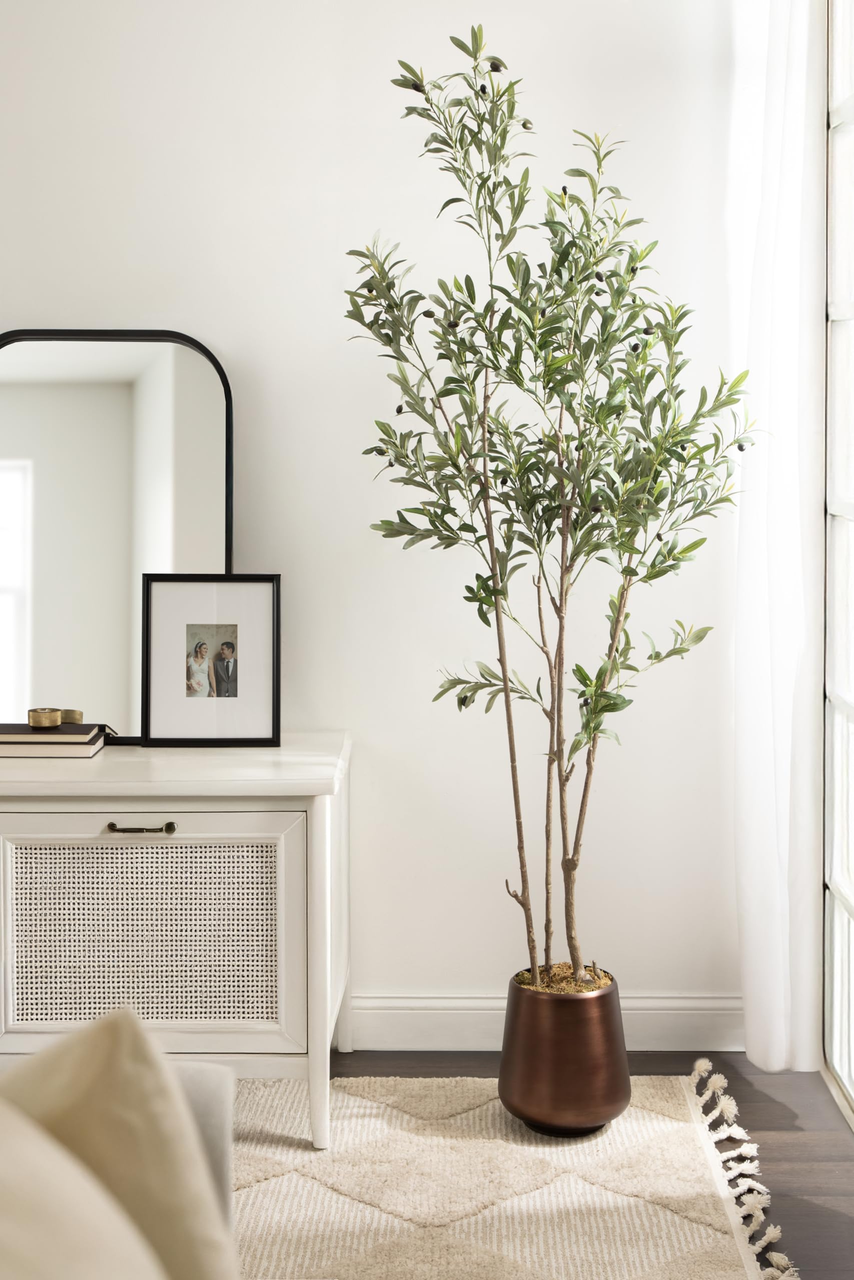 Kate and Laurel Oliveira Faux Olive Tree with Portell Metal Planter Pot, 7 FT, Bronze, Potted Artificial Olive Plant Tree with Realistic Foliage and Added Moss, Fake Plant Living Room Decor