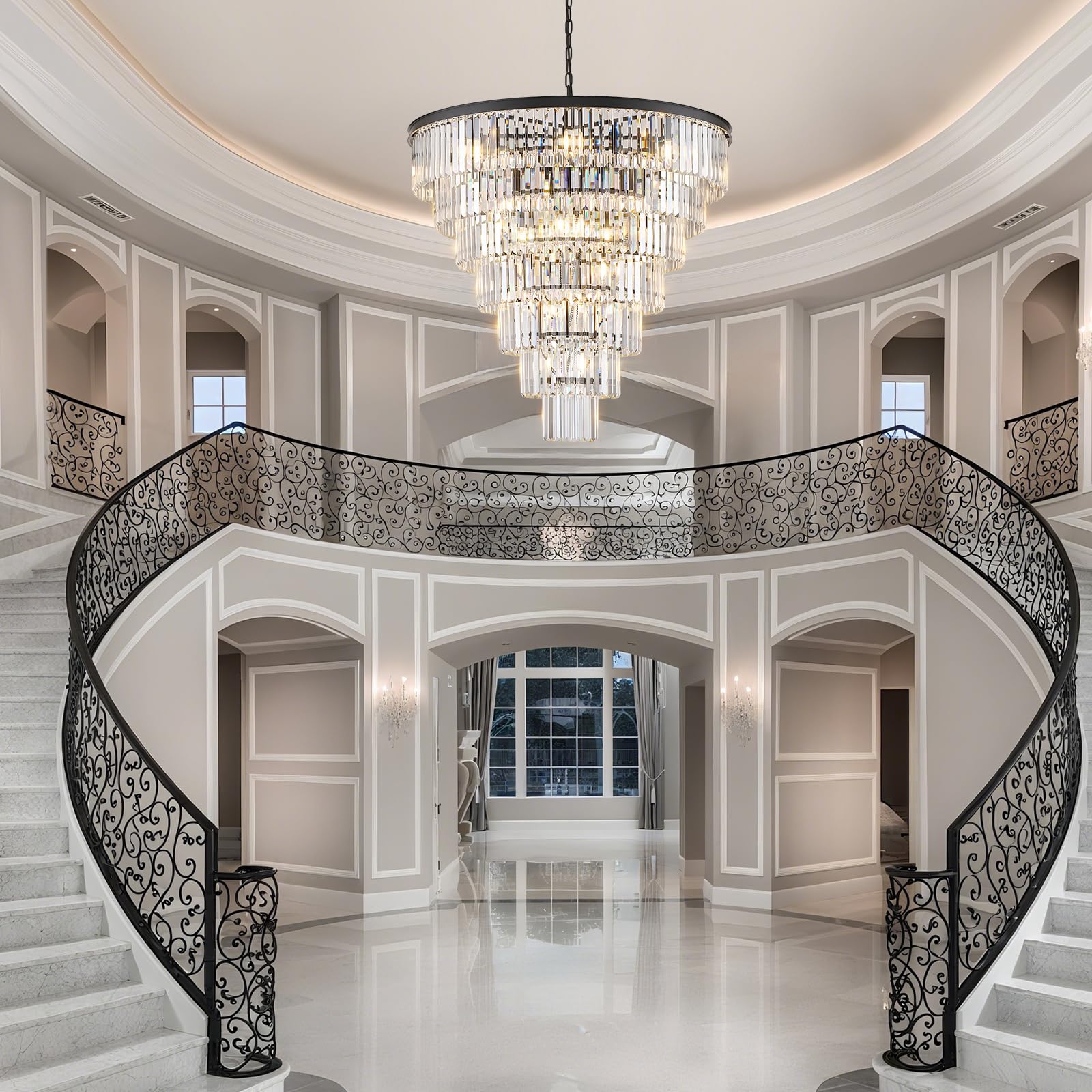 MERINEA Large Black Crystal Chandelier 36" Round Chandeliers for Staircase Modern 22 Lights 7-Tier Luxury K9 Crystal Ceiling Pendant Lighting Fixture for High Ceiling Living Room Foyer