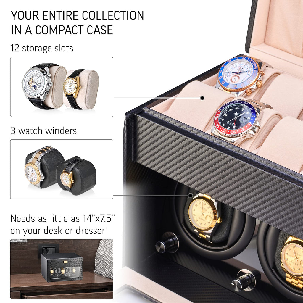 Watch Winder and Storage box for winding 3 Automatic Watches and 12 Watch Storage Space (Black)