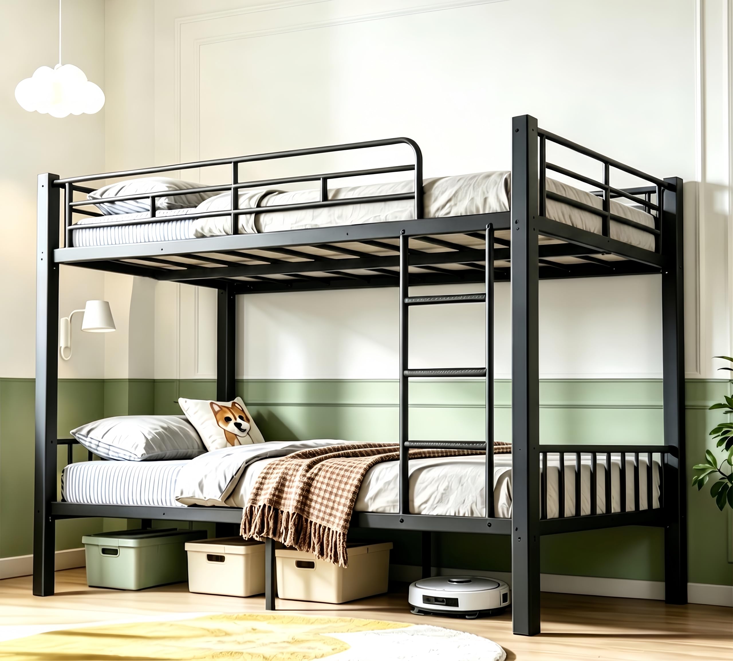 Feetice Queen Over Queen Bunk Bed, Heavy Duty Metal Bunk Bed for Adults & Teens, 400/600lbs Capacity, Full-Length Top Guardrails, Anti-Slip Ladder, 9.8" Underbed, No Box Spring Needed