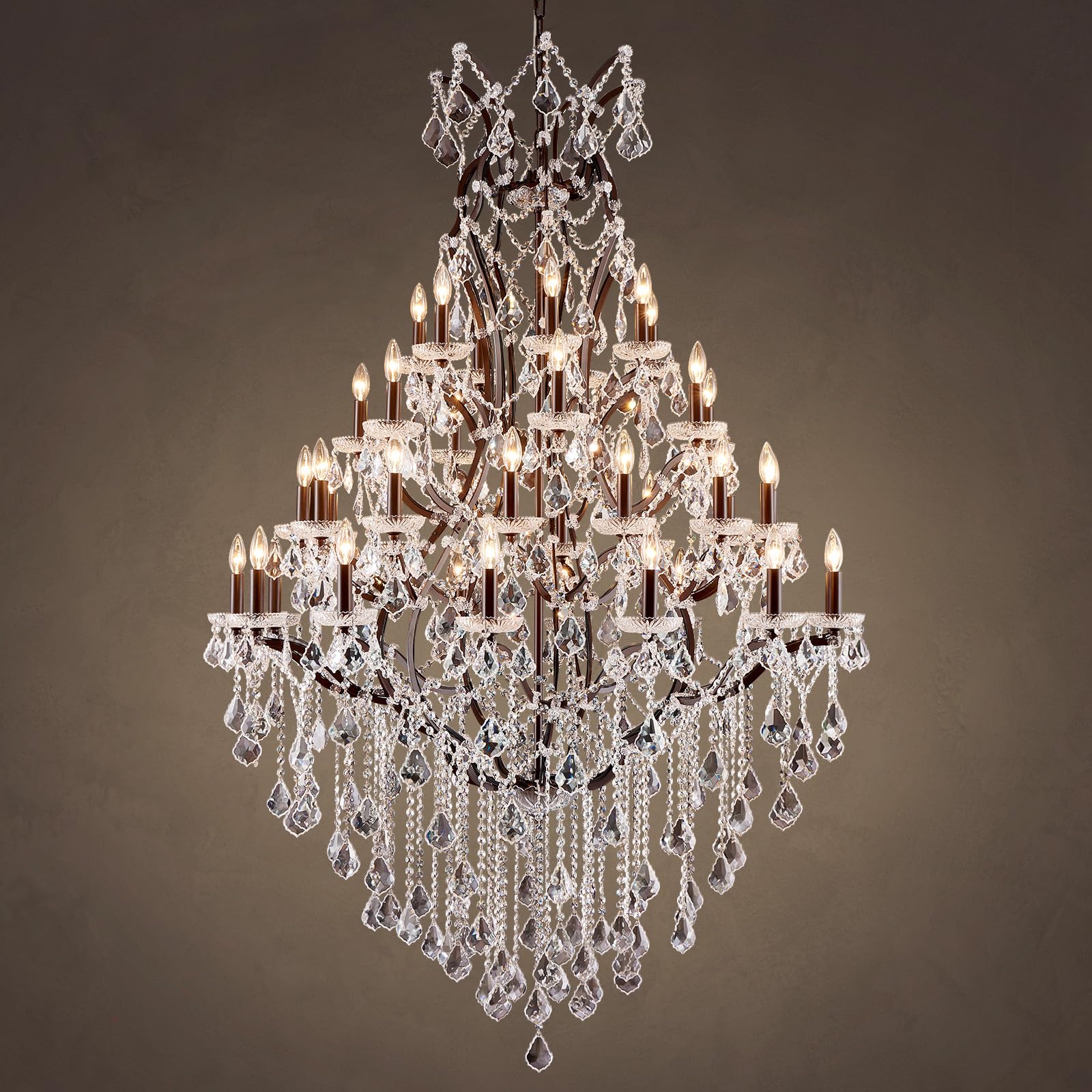 HUANXISHA 42 Lights Large Crystal Chandeliers for High Ceilings Maria Theresa Chandelier Light Fixture Vintage Chandelier for Foyer Hallway Entryway Staircase Brown 75" H x 49.2" D