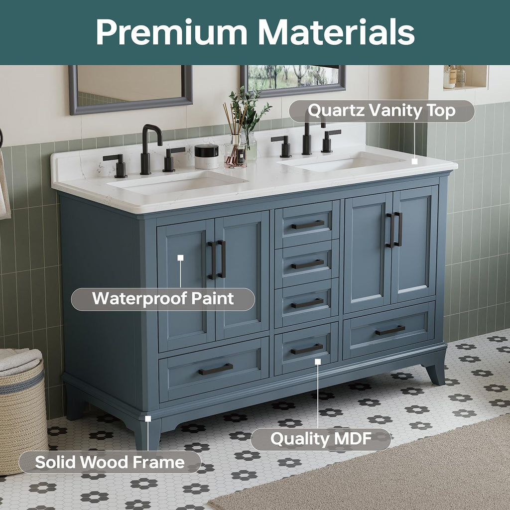 DELUXE LIVING 60 Inch Bathroom Vanity Double Sink, Fully Assembled Solid Wood Frame Double Sink Bathroom Vanity with Soft Closing Doors & Full Extension Dovetail Drawers, Quartz Top, Steel Blue