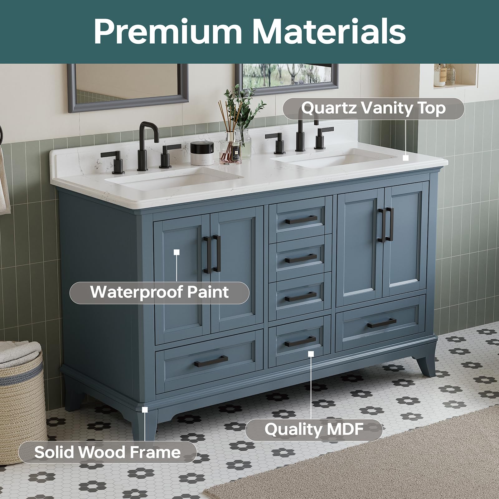 DELUXE LIVING 60 Inch Bathroom Vanity Double Sink, Fully Assembled Solid Wood Frame Double Sink Bathroom Vanity with Soft Closing Doors & Full Extension Dovetail Drawers, Quartz Top, Steel Blue