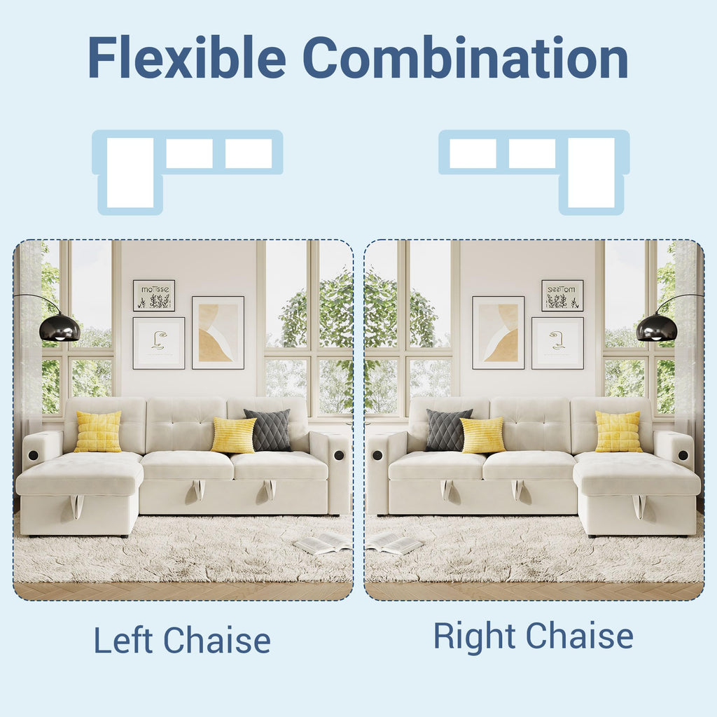 GarveeHome 84 Inch Sleeper Sofa Couch, L-Shaped Couches, Convertible Pull Out Sofa Bed with Storage, Charging Station, Led Lights, Modern Sectional Sofas for Living Room, Apartment, Velvet, Beige