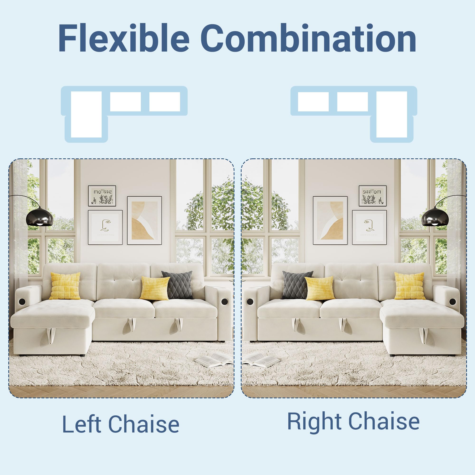 GarveeHome 84 Inch Sleeper Sofa Couch, L-Shaped Couches, Convertible Pull Out Sofa Bed with Storage, Charging Station, Led Lights, Modern Sectional Sofas for Living Room, Apartment, Velvet, Beige