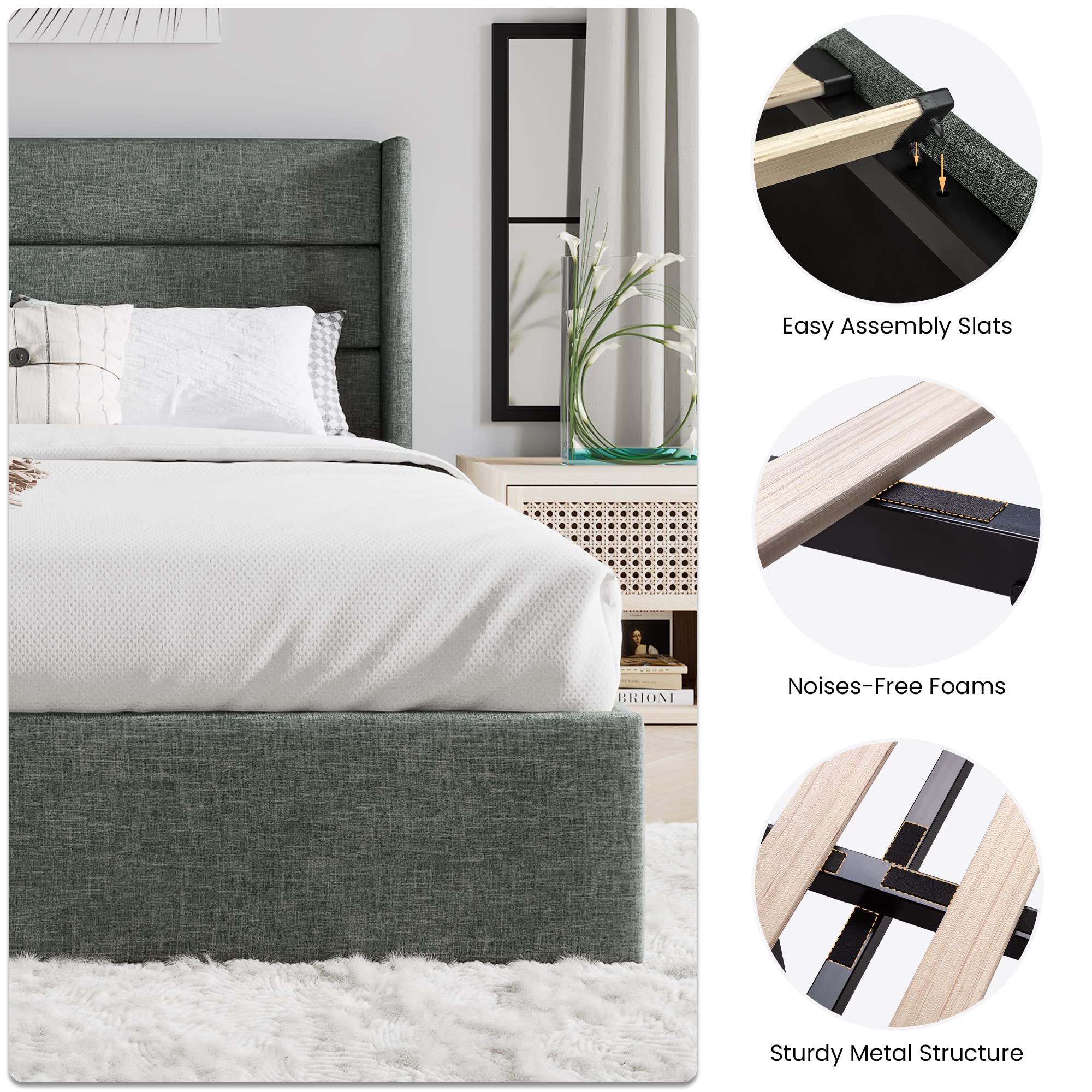 SHA CERLIN Full Size Lift Up Storage Bed/Modern Wingback Headboard/Upholstered Platform Bed Frame/Hydraulic Storage/No Box Spring Needed/Wood Slats Support/Dark Grey