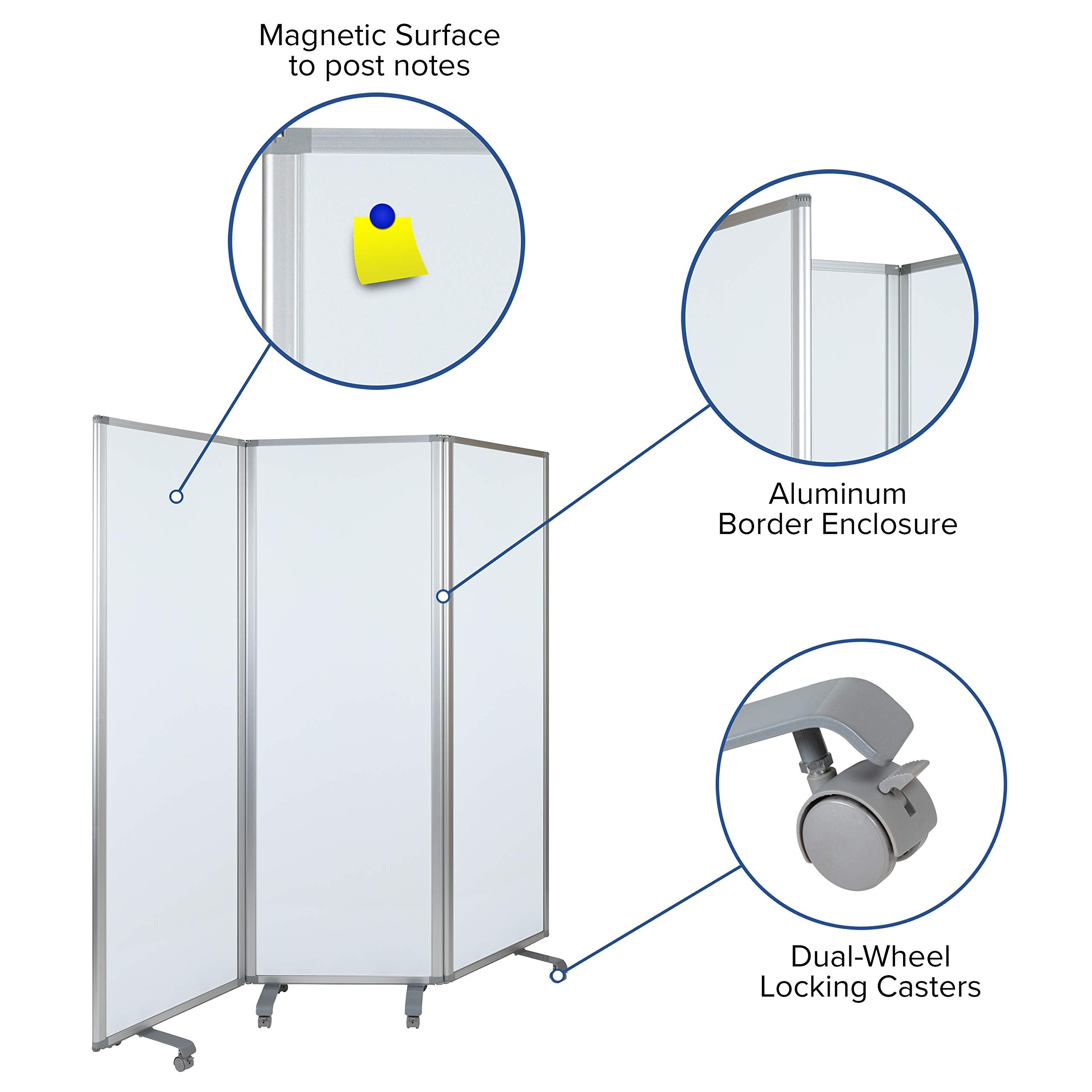Flash Furniture Raisley 3-Section Mobile Magnetic Whiteboard Partition for Classrooms or Offices, Rolling Dry Erase Board Room Divider, 72"H x 24"W