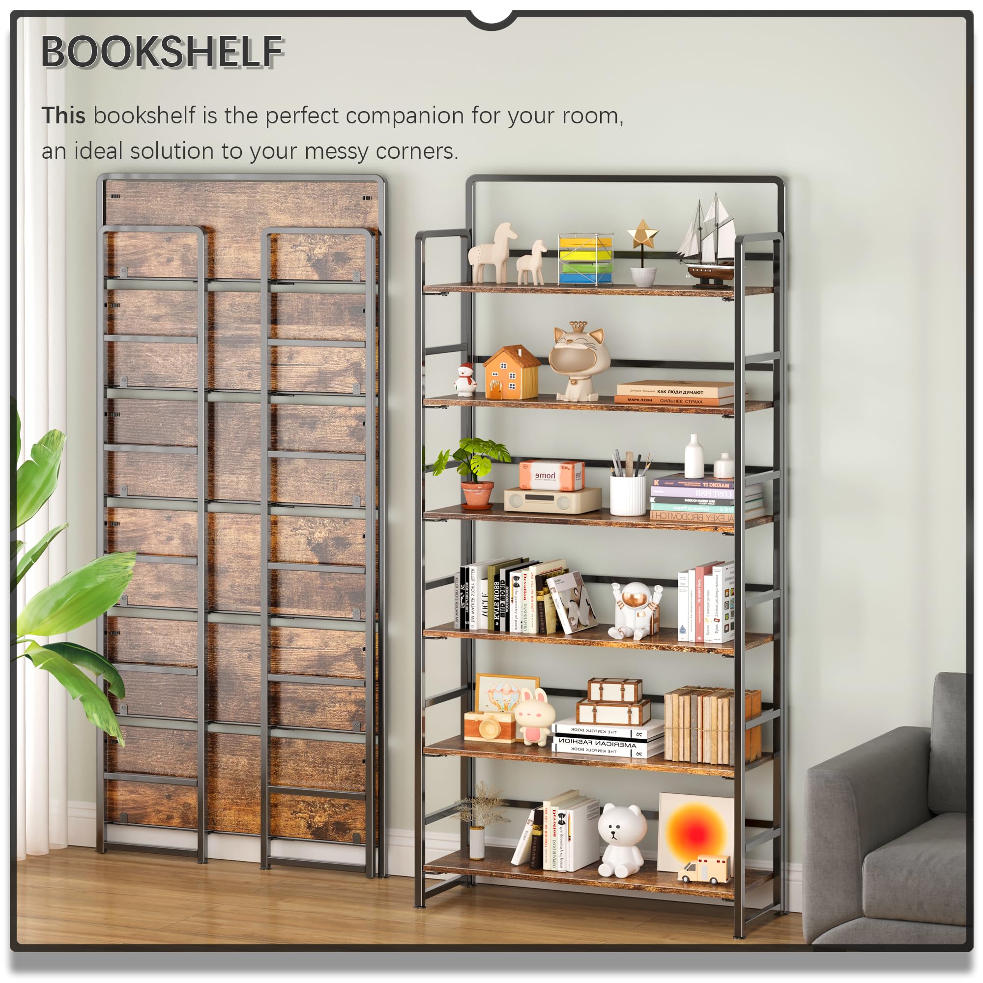 4NM No Assembly Extra Wide 6 Tiers Folding Bookshelf Storage Shelves Vintage Bookcase Standing Racks Study Organizer Home Office (Rustic Brown Black)