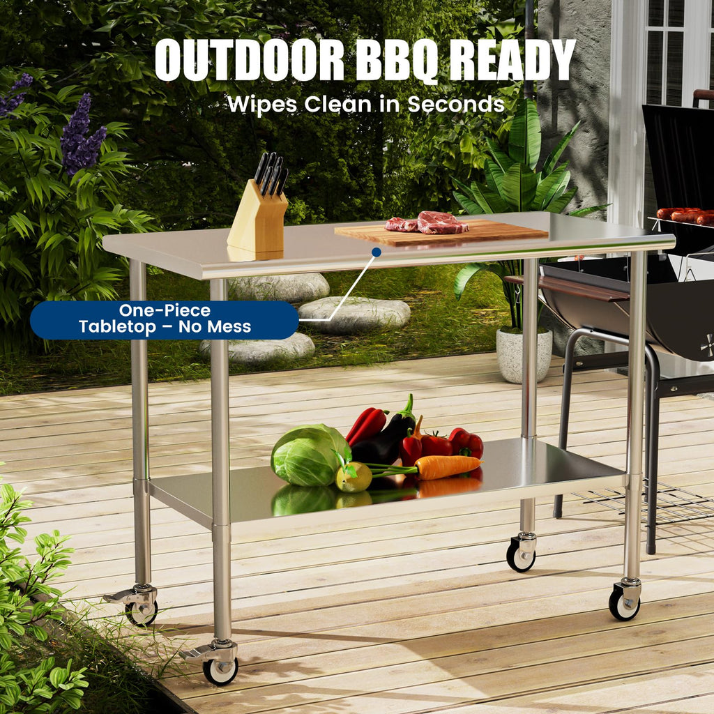 Chingoo Stainless Steel Work Table with Wheels, 24x60 Inch NSF Kitchen Prep Table with Adjustable Undershelf for Commercial Restaurant, Garage, Outdoor BBQ