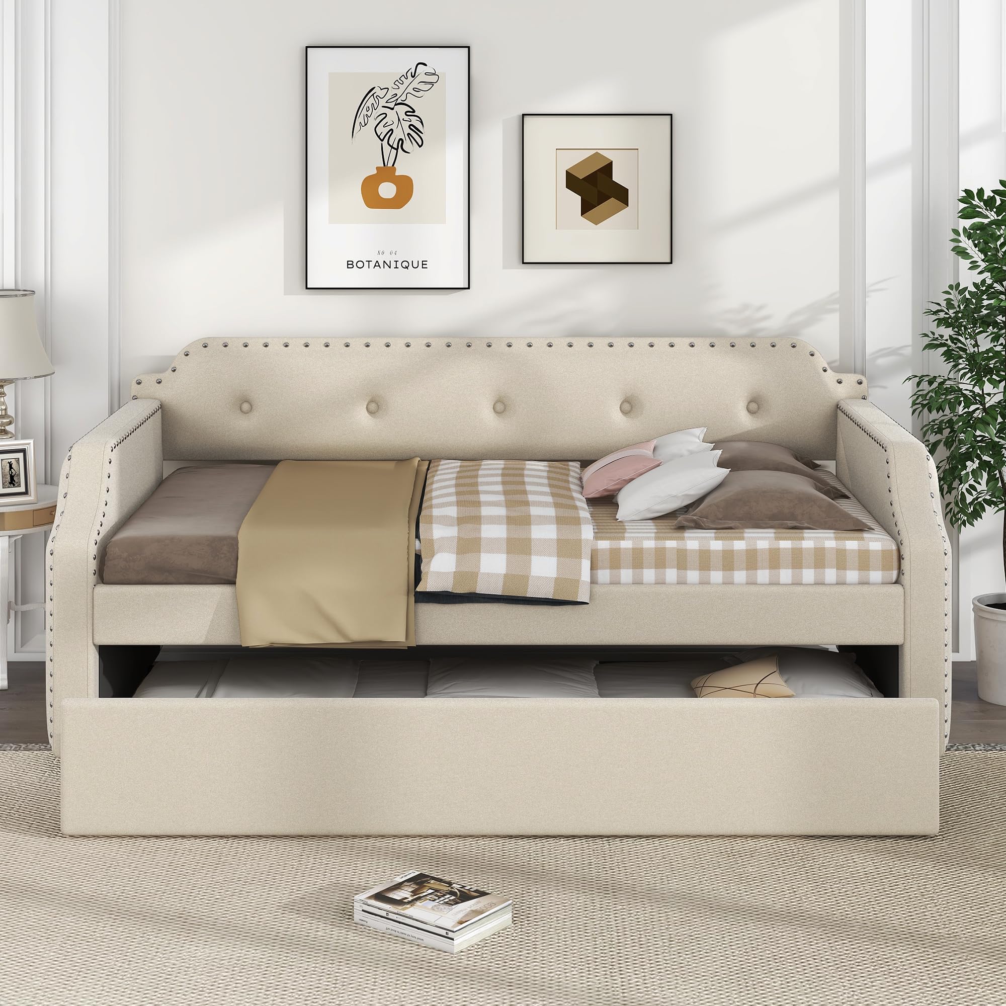 Merax Upholstered Daybed with Trundle, Wood Slat Support,Upholstered Frame Sofa Bed, Twin, Beige